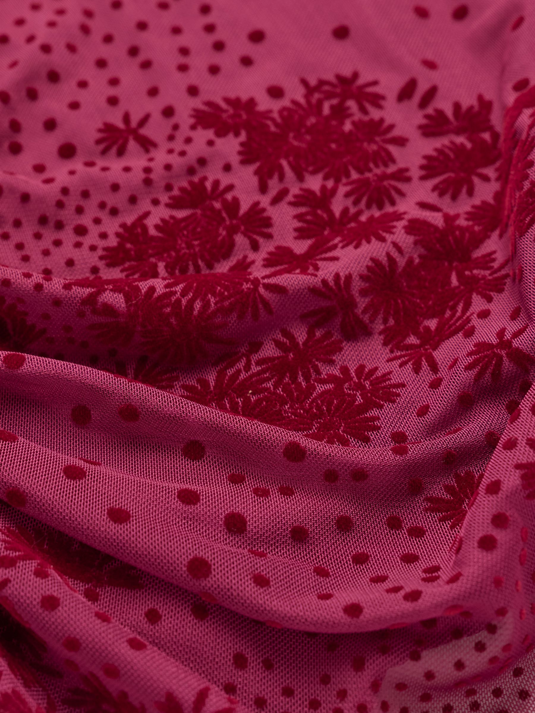 Ruby Burgundy Red Floral Ruched Mesh Long Sleeve Top - Image 7 of 7 Ruby Burgundy Red Floral Ruched Mesh Long Sleeve Top - Image 7 of 7