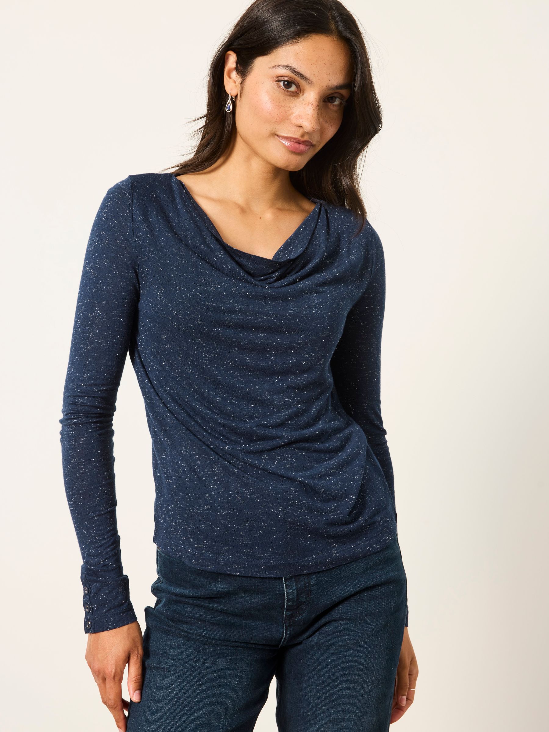 Lola Navy Sparkle Cowl Neck Long Sleeve Top - Image 1 of 6