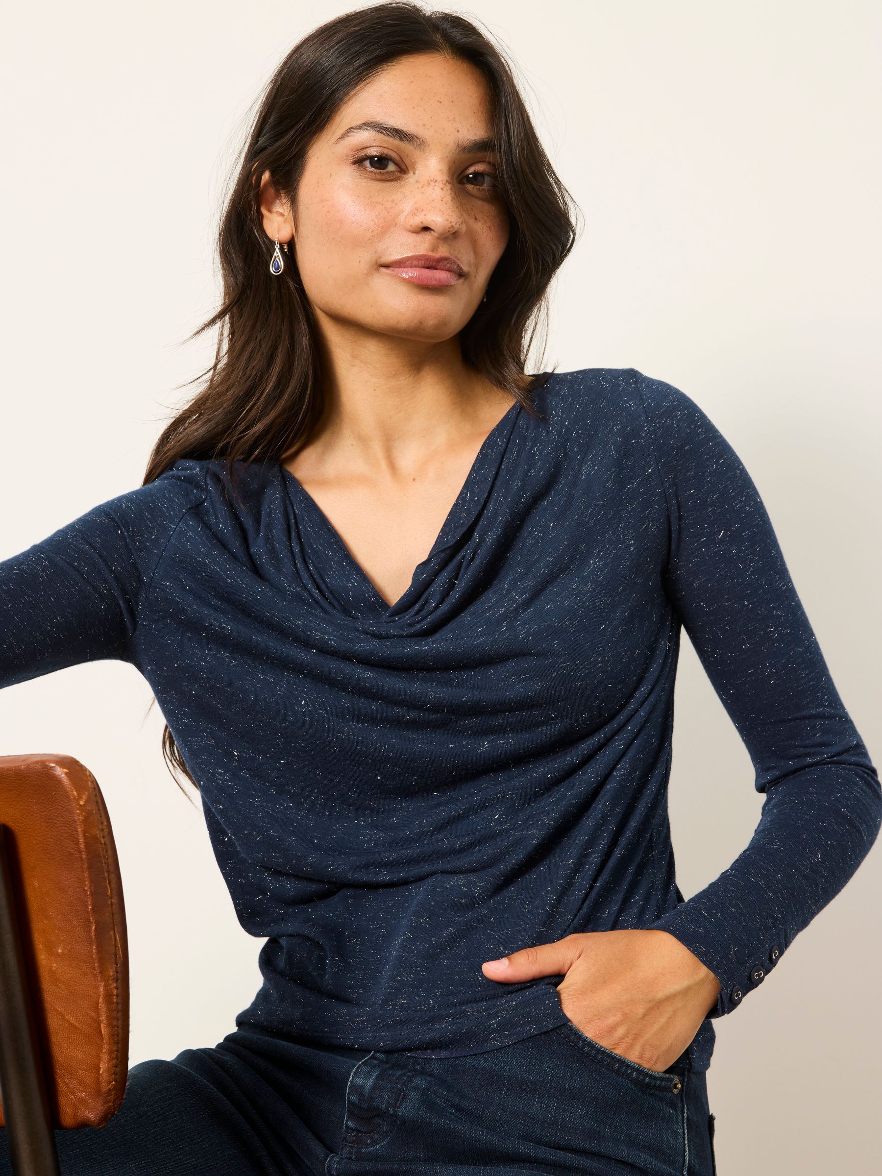 Lola Navy Sparkle Cowl Neck Long Sleeve Top - Image 5 of 6