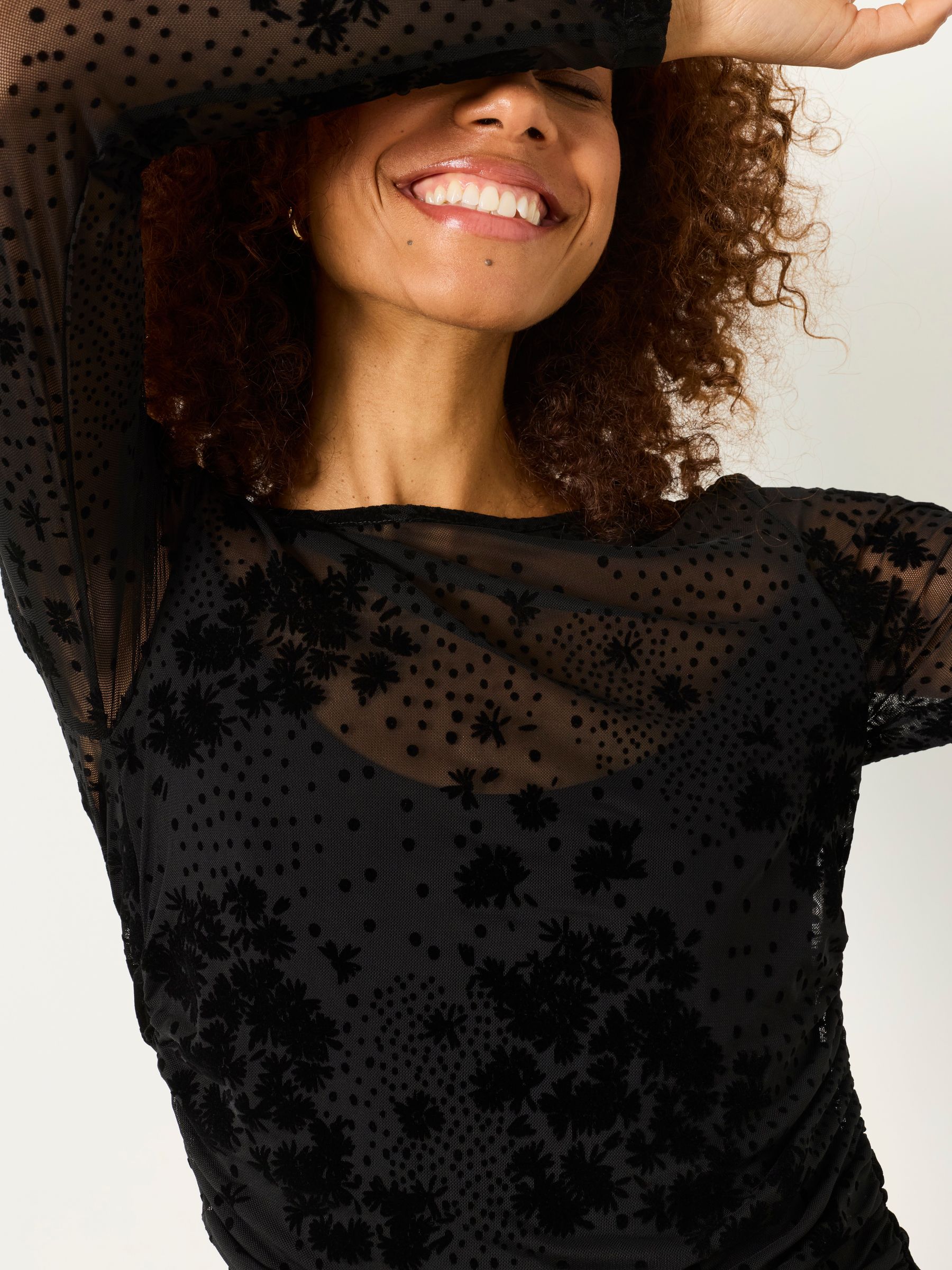 Ruby Black Floral Ruched Mesh Long Sleeve Top - Image 2 of 6 Ruby Black Floral Ruched Mesh Long Sleeve Top - Image 2 of 6