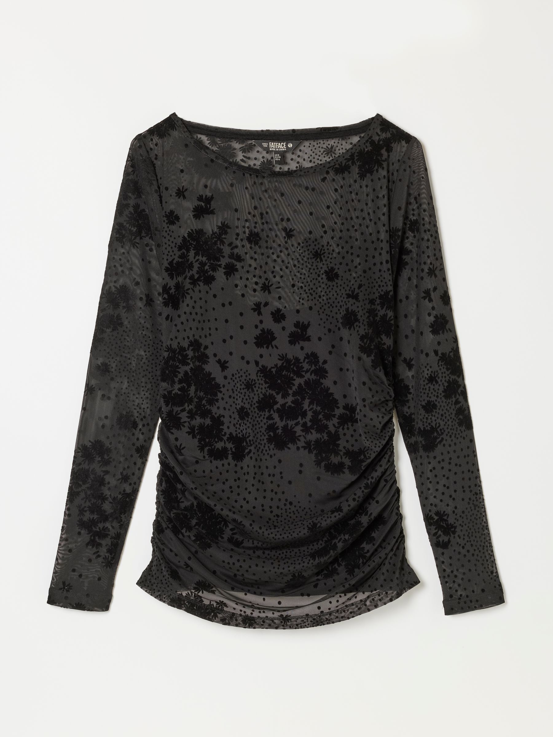 Ruby Black Floral Ruched Mesh Long Sleeve Top - Image 6 of 6