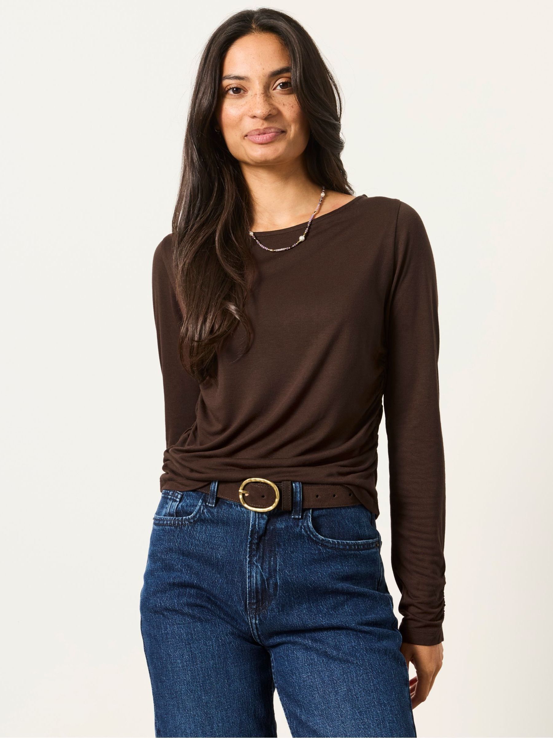 Ruby Chocolate Brown Ruched Long Sleeve Top - Image 1 of 6