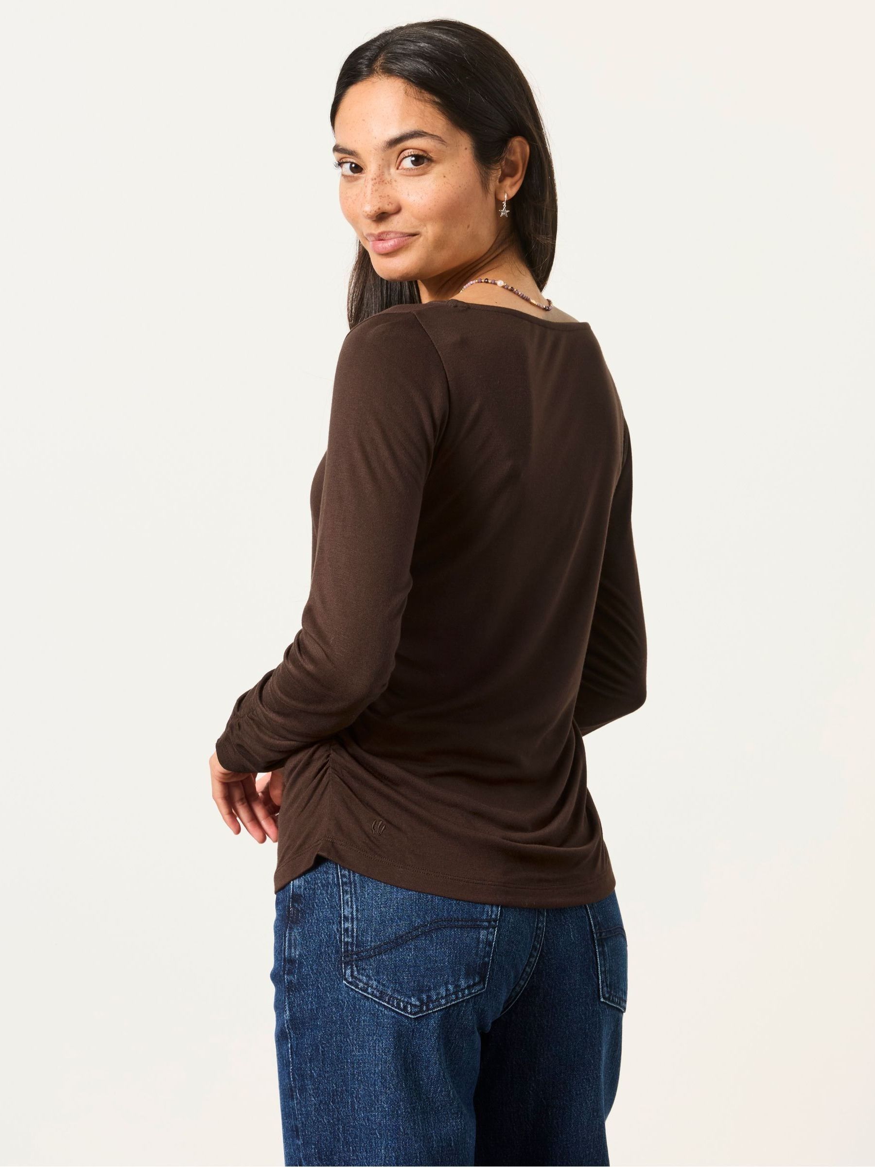 Ruby Chocolate Brown Ruched Long Sleeve Top - Image 2 of 6 Ruby Chocolate Brown Ruched Long Sleeve Top - Image 2 of 6