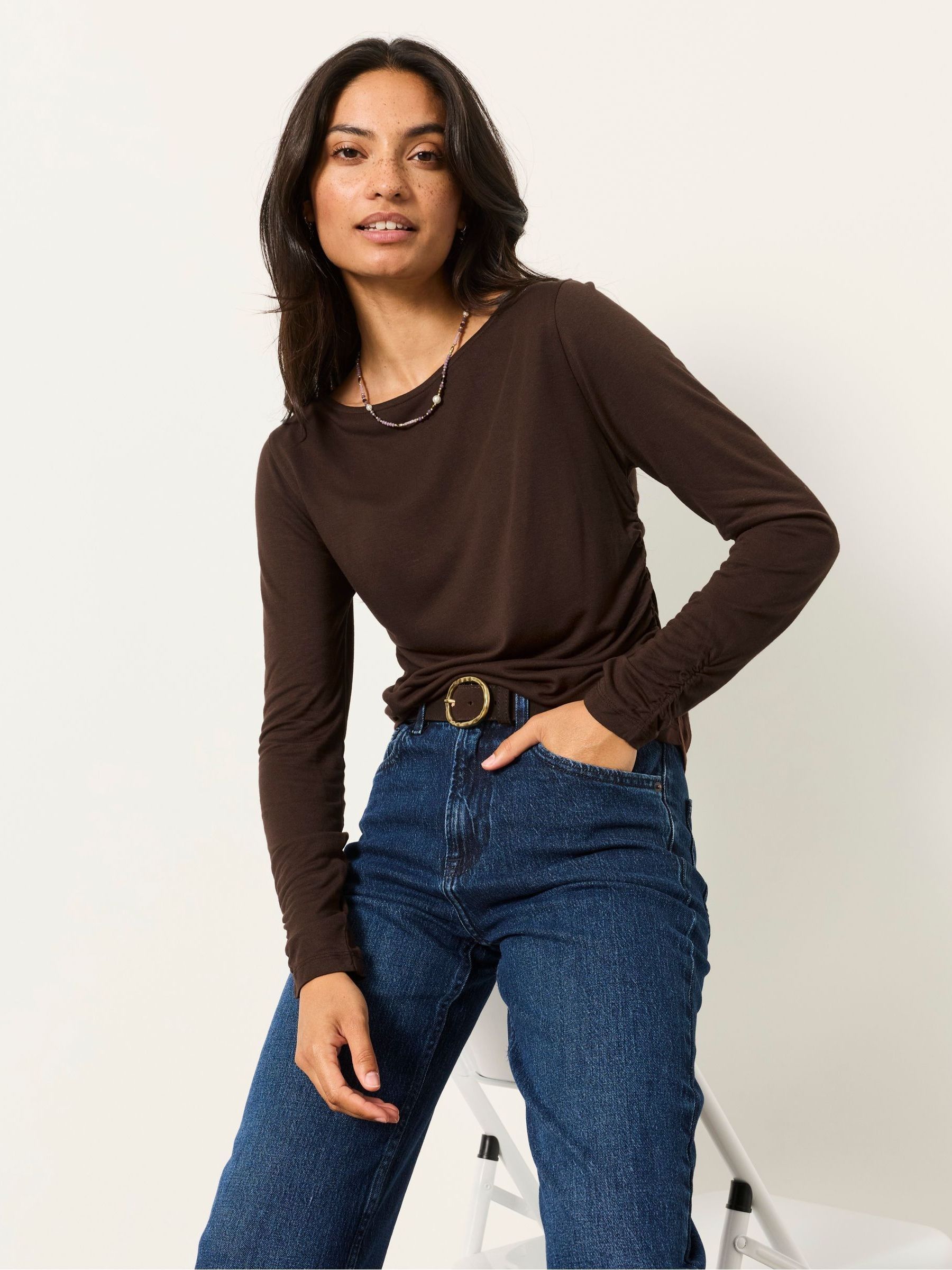 Ruby Chocolate Brown Ruched Long Sleeve Top - Image 3 of 6