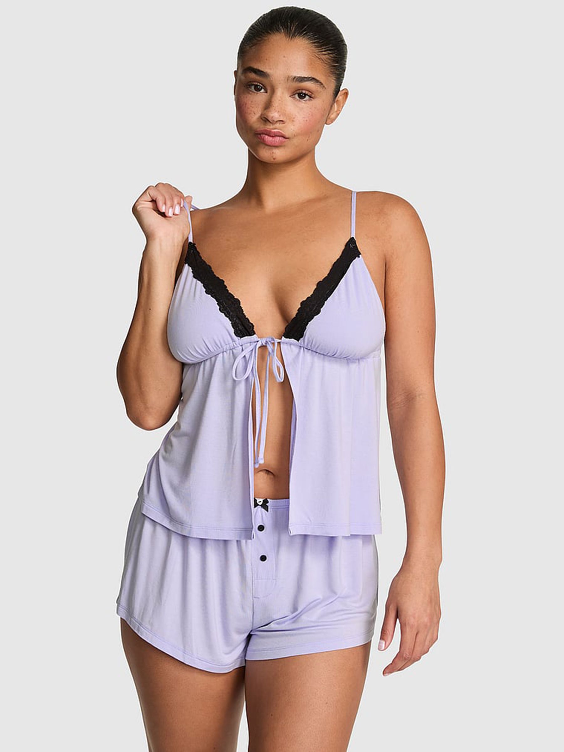 Lavender Purple Modal Short Lace Pyjama Set - Image 1 of 2