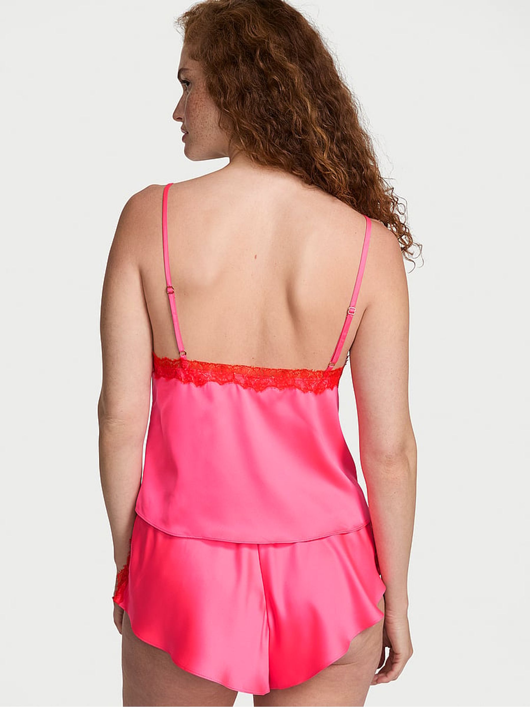 Bombshell Pink Satin Lace Trim Cami Flutter Short Set - Image 2 of 2
