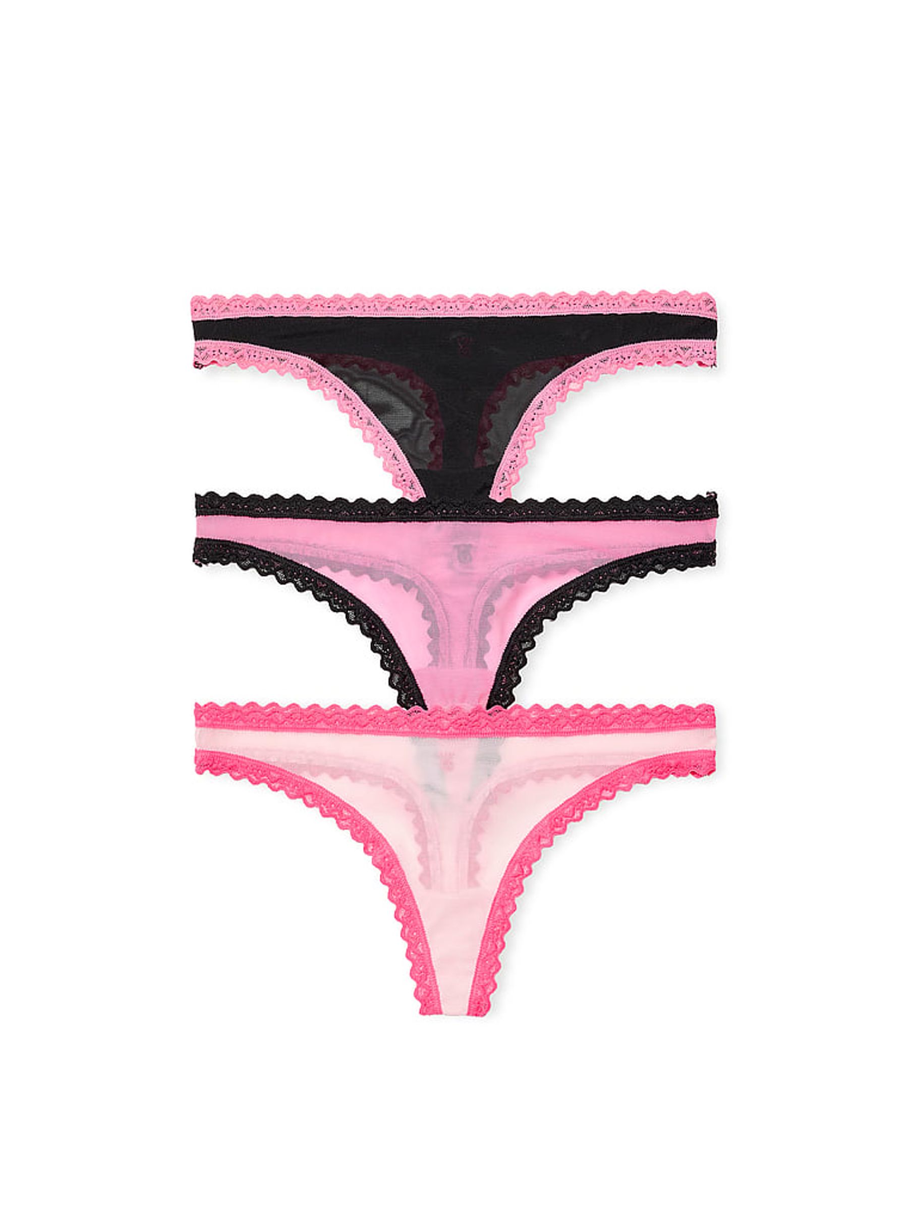 Black and Pink Thong 3 Pack Mesh Lace Knickers - Image 1 of 1
