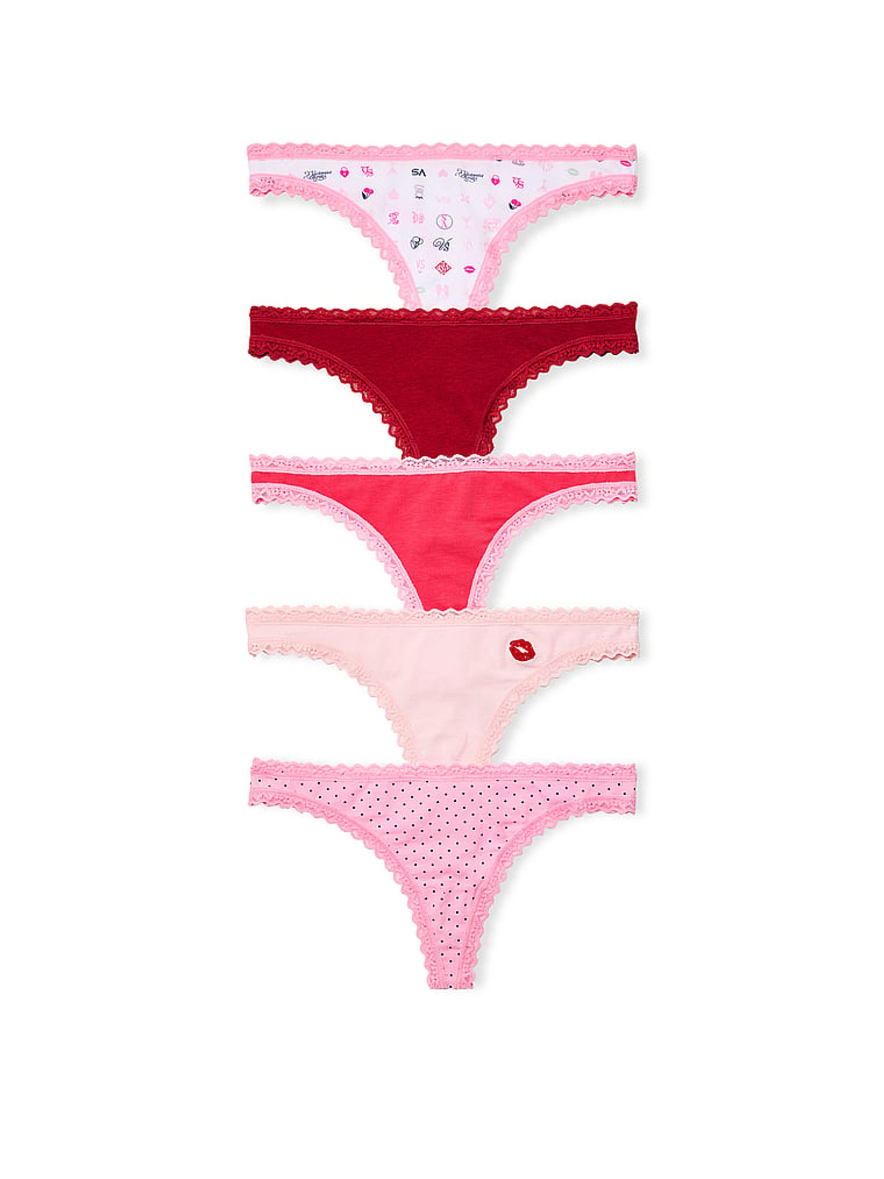 White/Red/Pink Thong 5 Pack Cotton Lace Trim Knickers - Image 1 of 1