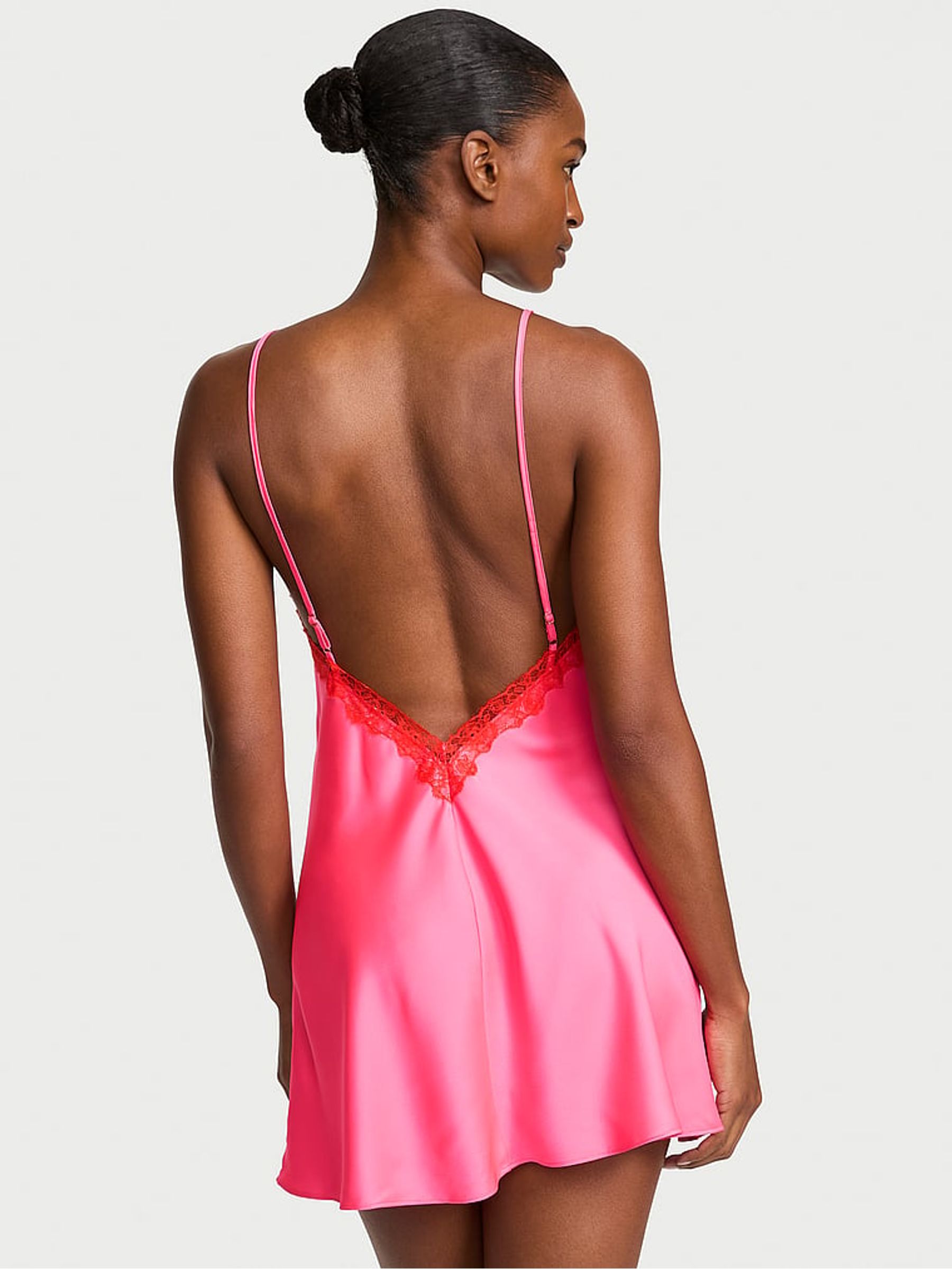 Bombshell Pink Satin Lace Trim Mini Slip Dress - Image 2 of 2