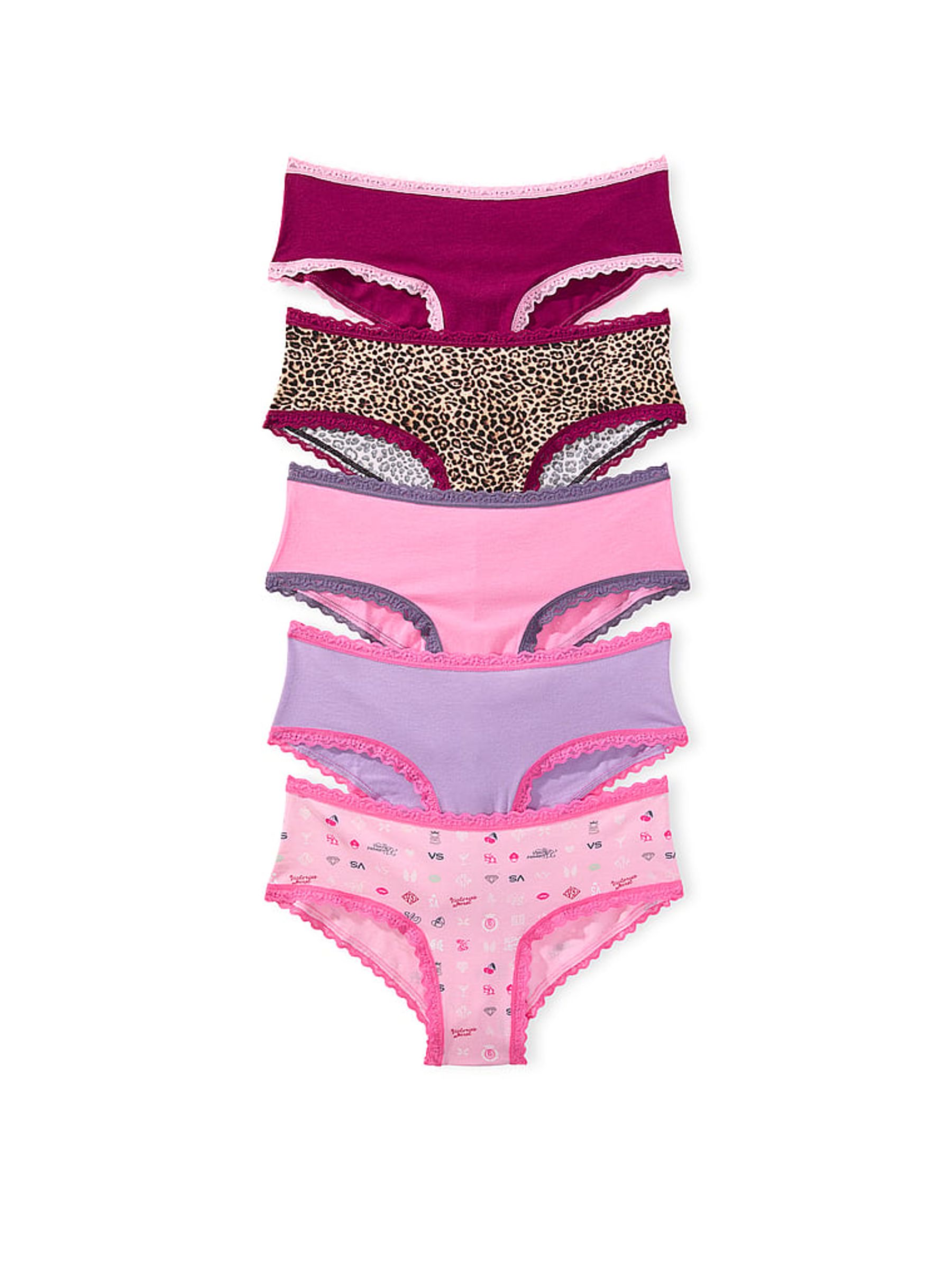 Pink/Leopard/Purple Cheeky 5 Pack Cotton Lace Trim Knickers - Image 1 of 3