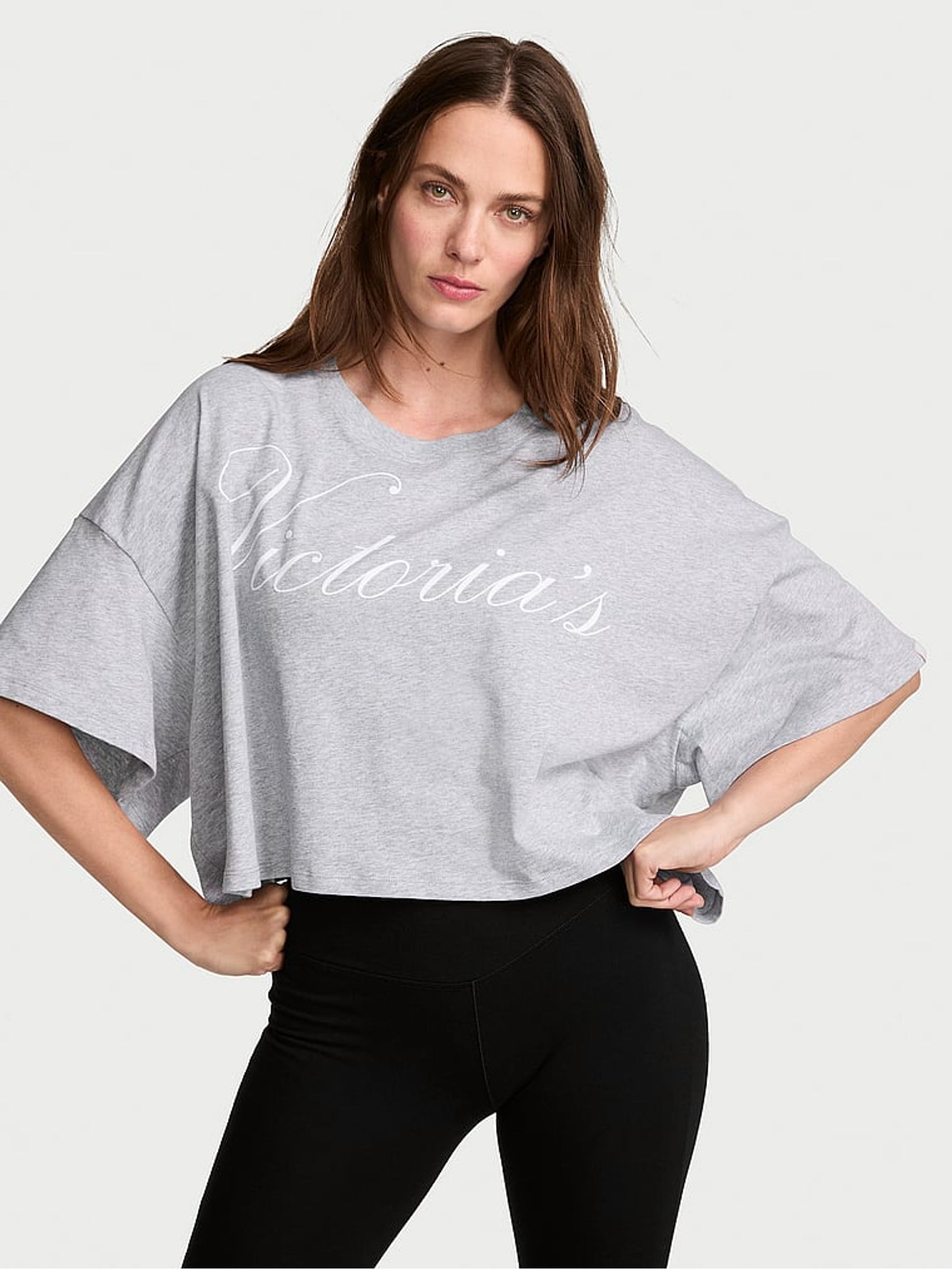 Heather Grey Logo Cotton Oversized Cropped Top - Image 1 of 2 Heather Grey Logo Cotton Oversized Cropped Top - Image 1 of 2