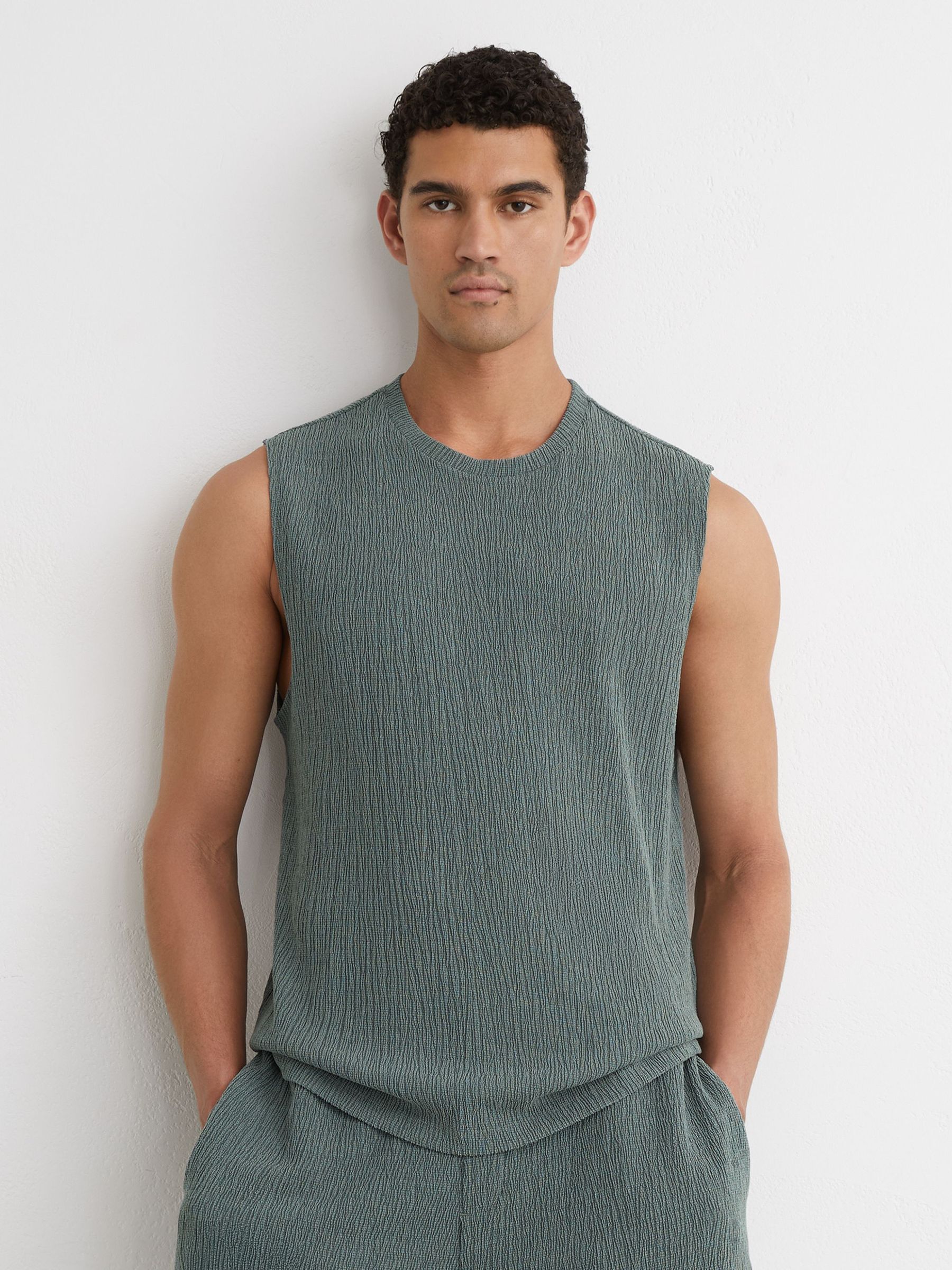 Textured Crew-Neck Vest in Dark Sage Green - Image 1 of 6