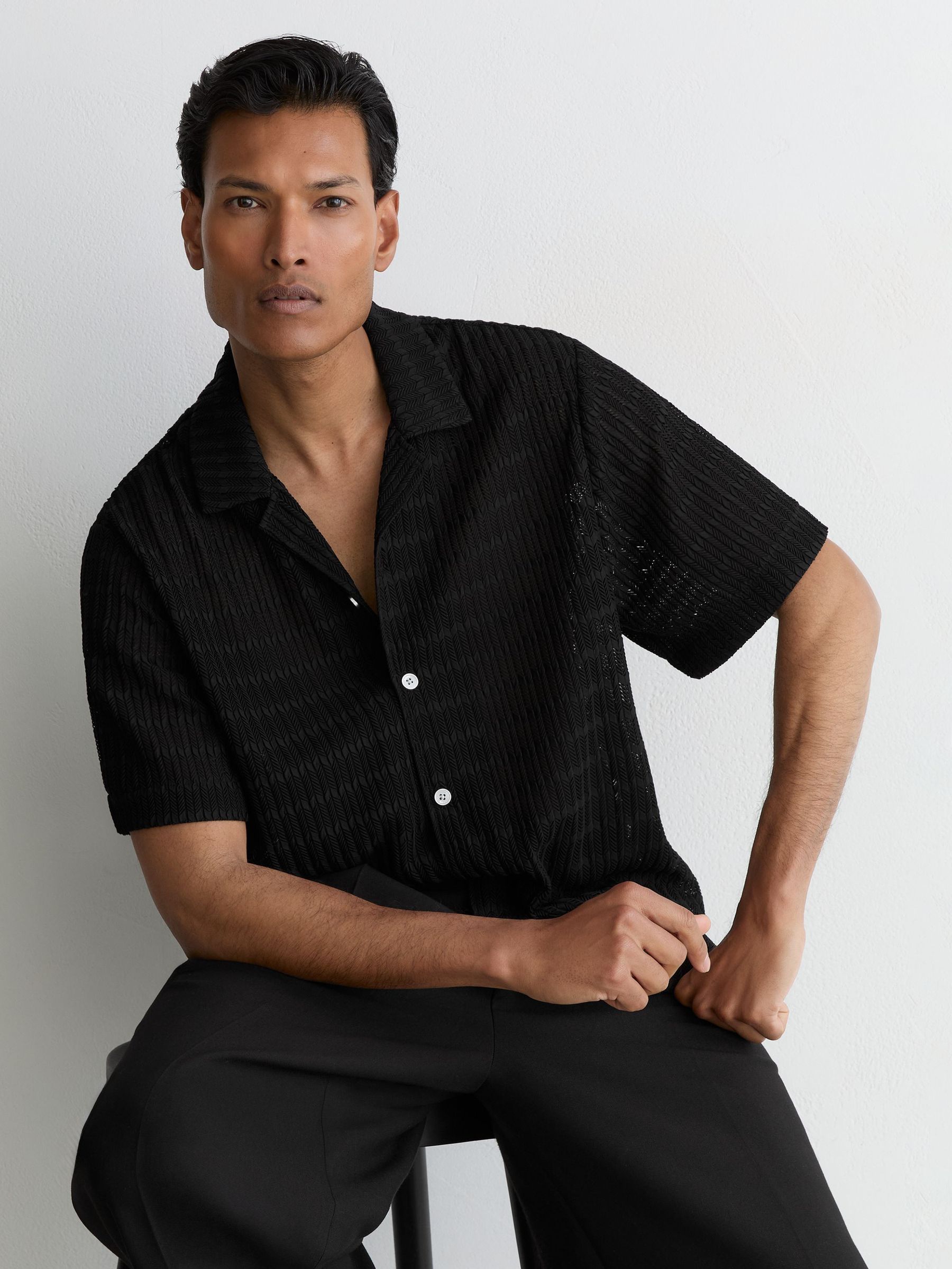 Chevron-Crochet Cuban-Collar Shirt in Black - Image 1 of 6 Chevron-Crochet Cuban-Collar Shirt in Black - Image 1 of 6