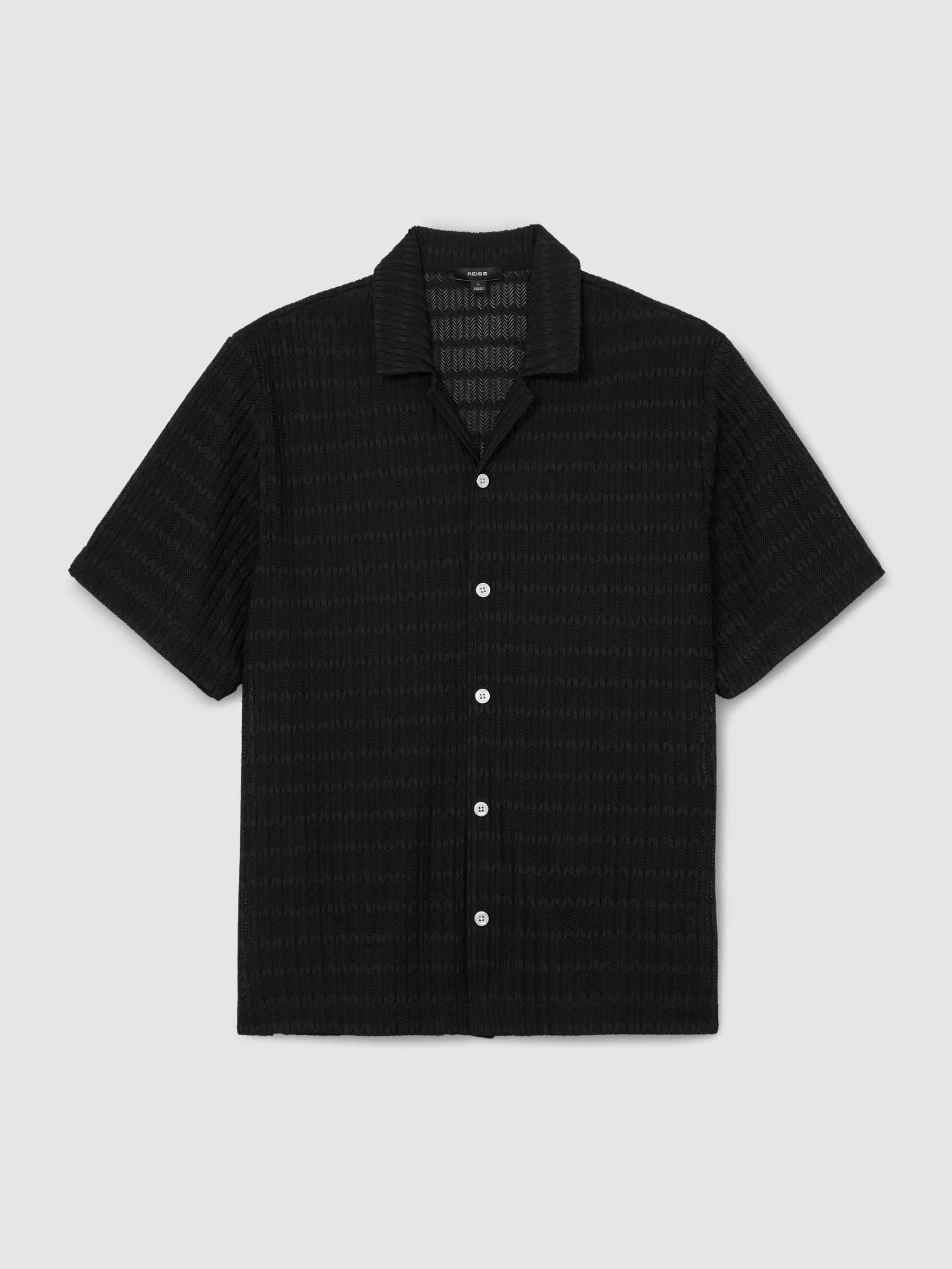Chevron-Crochet Cuban-Collar Shirt in Black - Image 2 of 6 Chevron-Crochet Cuban-Collar Shirt in Black - Image 2 of 6