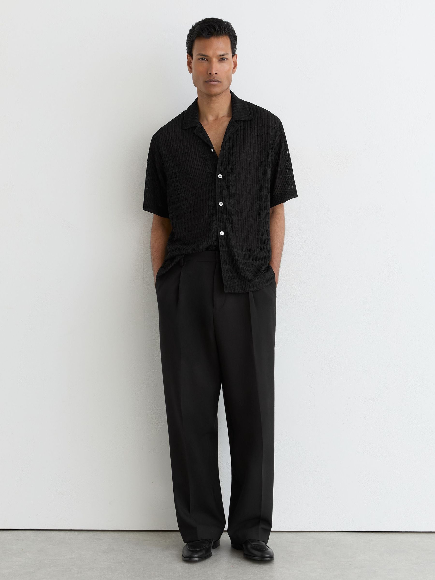Chevron-Crochet Cuban-Collar Shirt in Black - Image 3 of 6