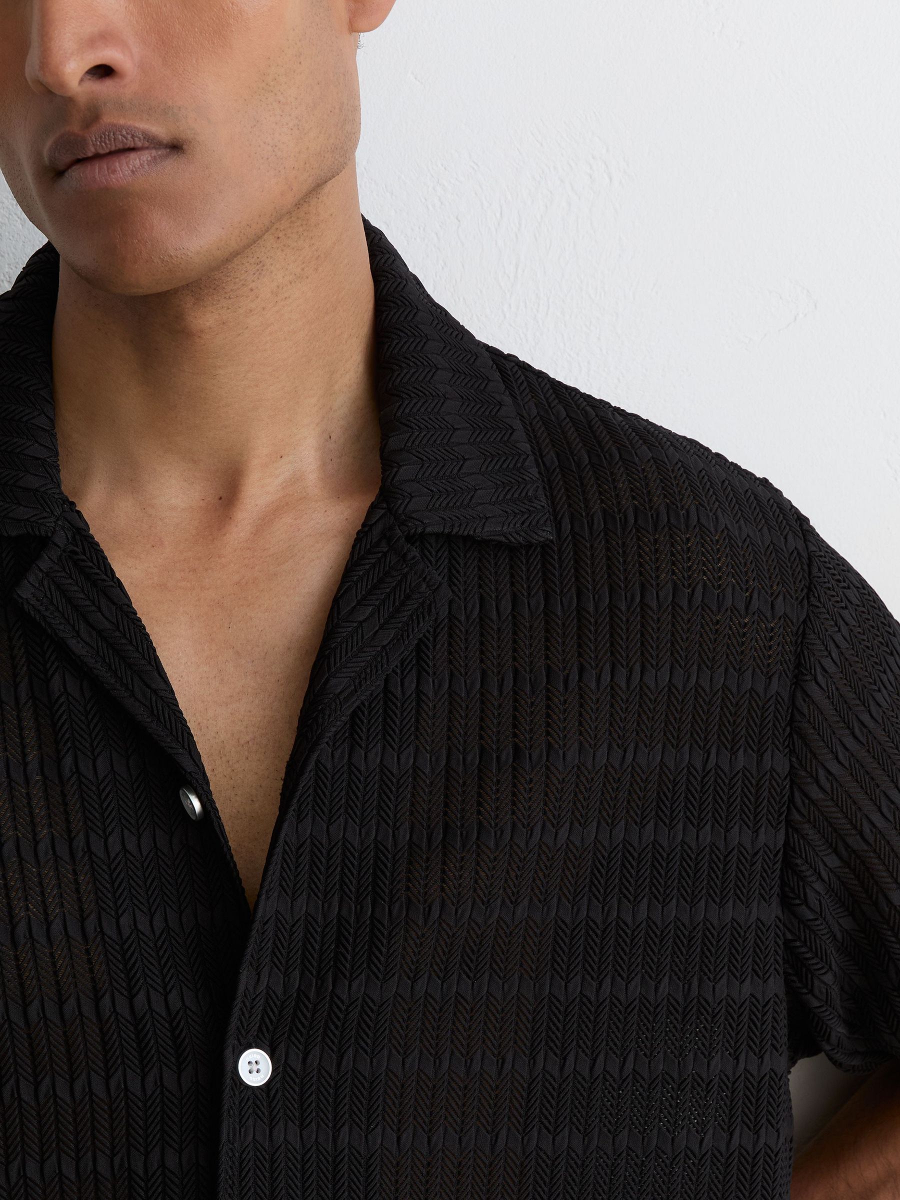Chevron-Crochet Cuban-Collar Shirt in Black - Image 4 of 6