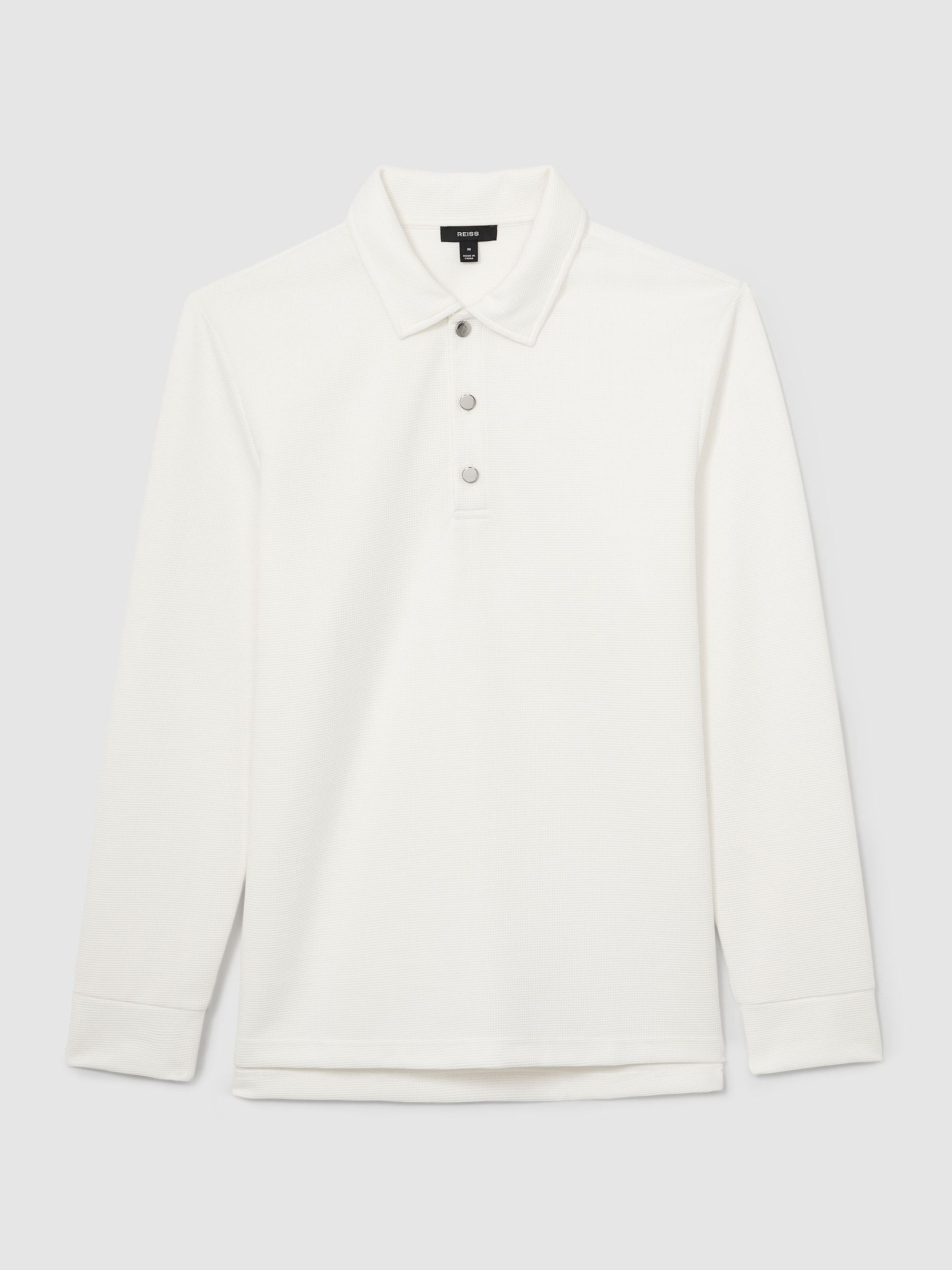 Textured Long-Sleeve Polo Shirt in White - Image 2 of 7 Textured Long-Sleeve Polo Shirt in White - Image 2 of 7