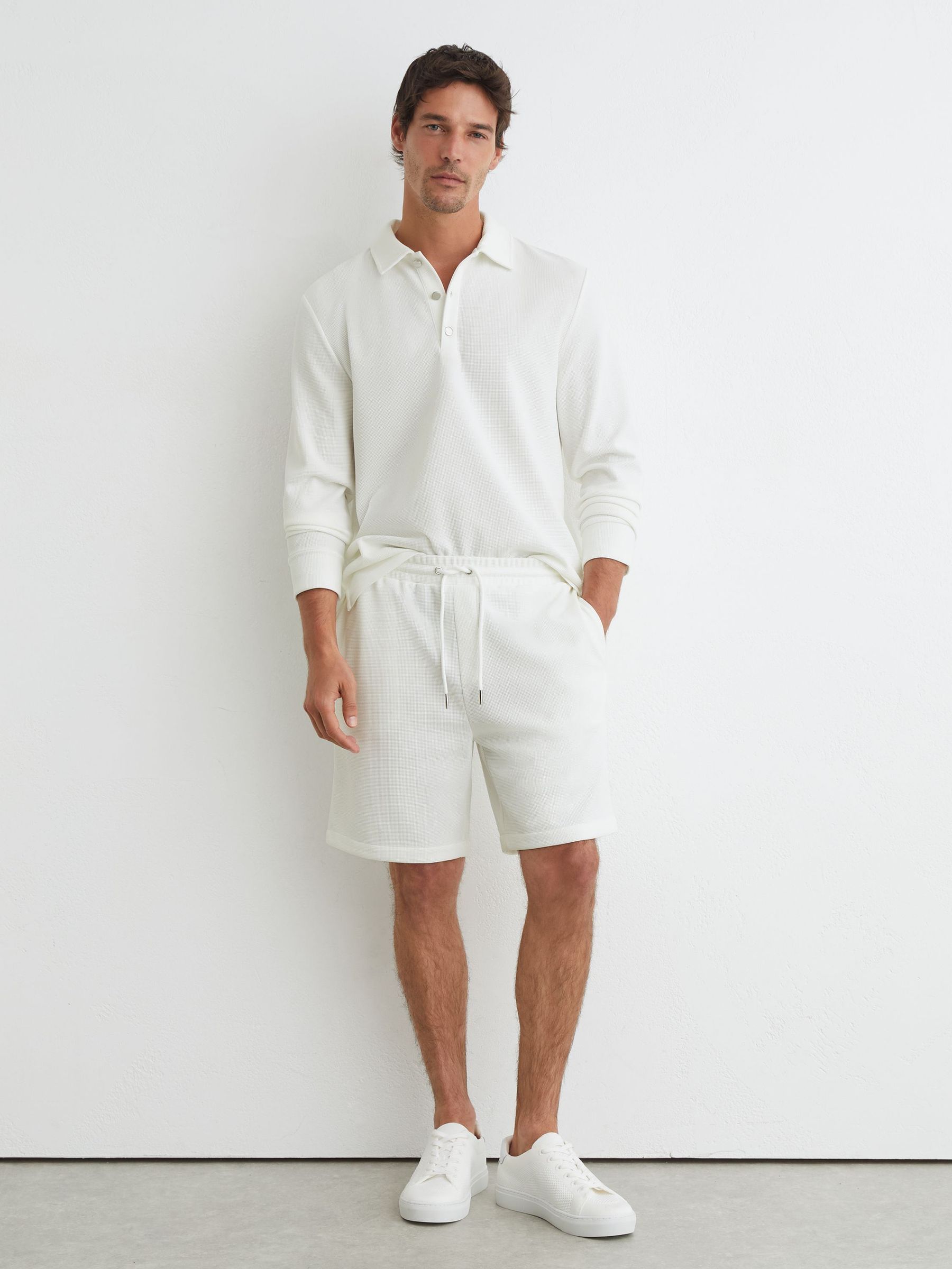 Textured Long-Sleeve Polo Shirt in White - Image 3 of 7