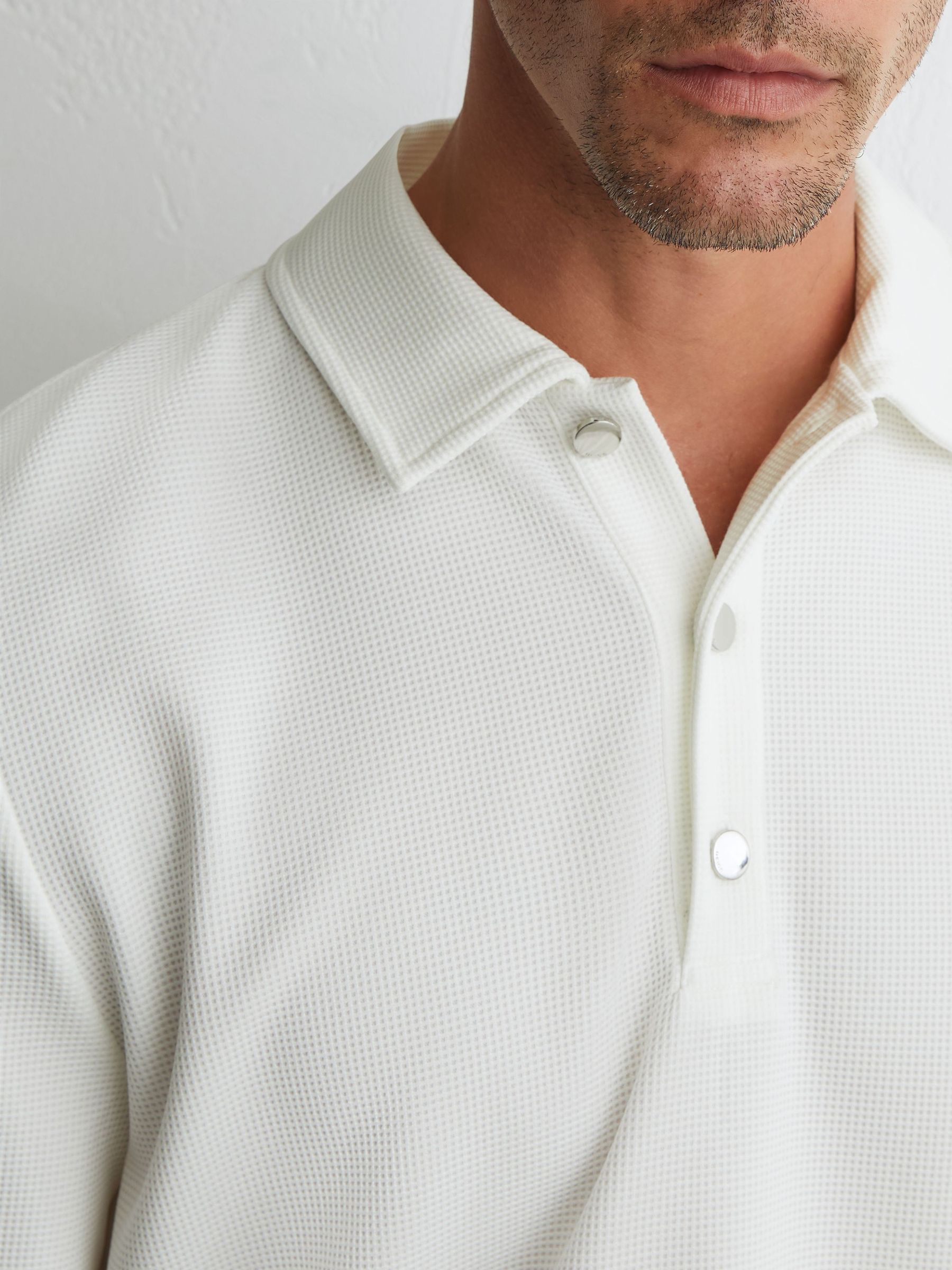 Textured Long-Sleeve Polo Shirt in White - Image 6 of 7
