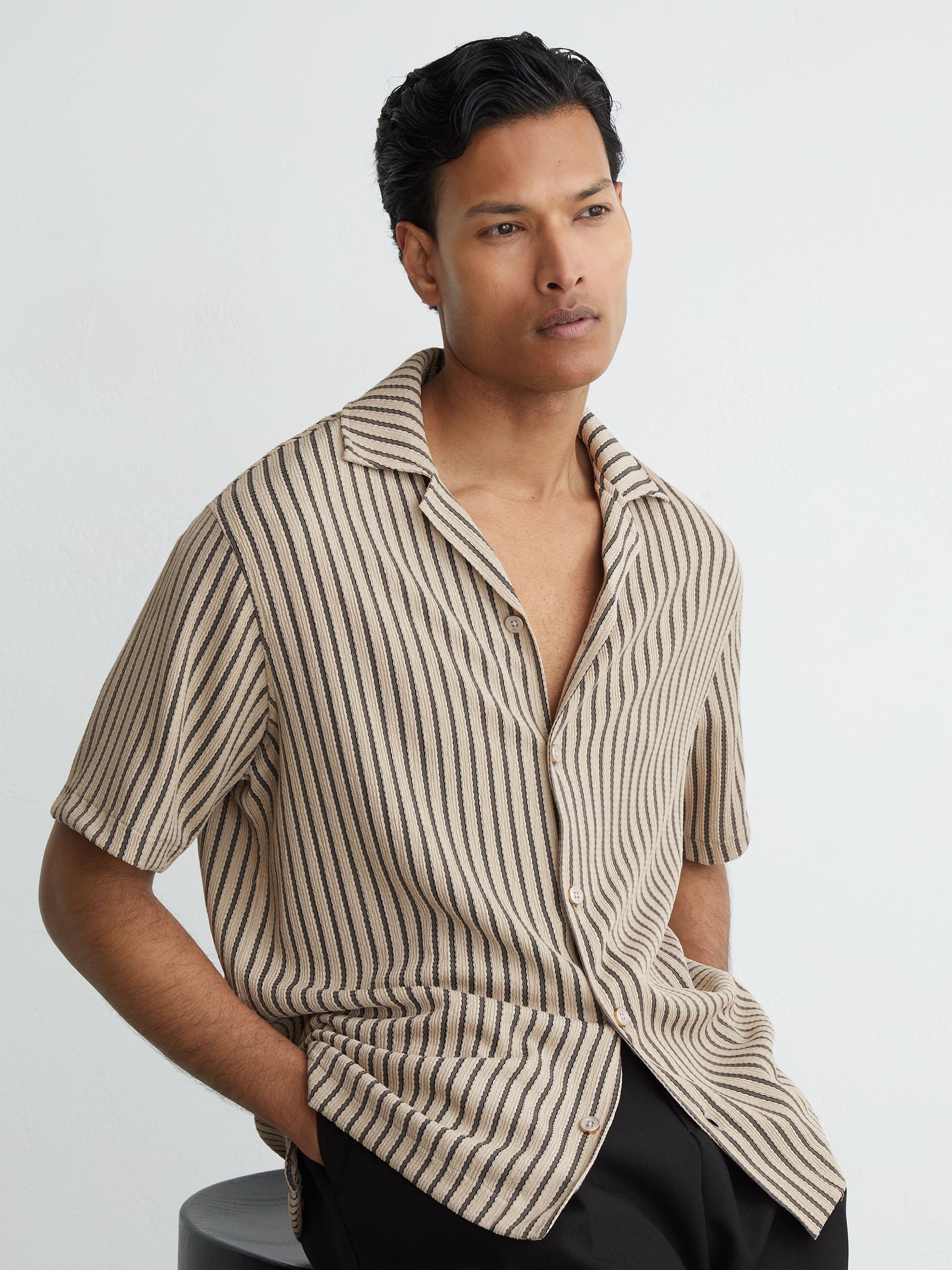 Textured Stripe Cuban-Collar Shirt in Stone/Grey - Image 1 of 8