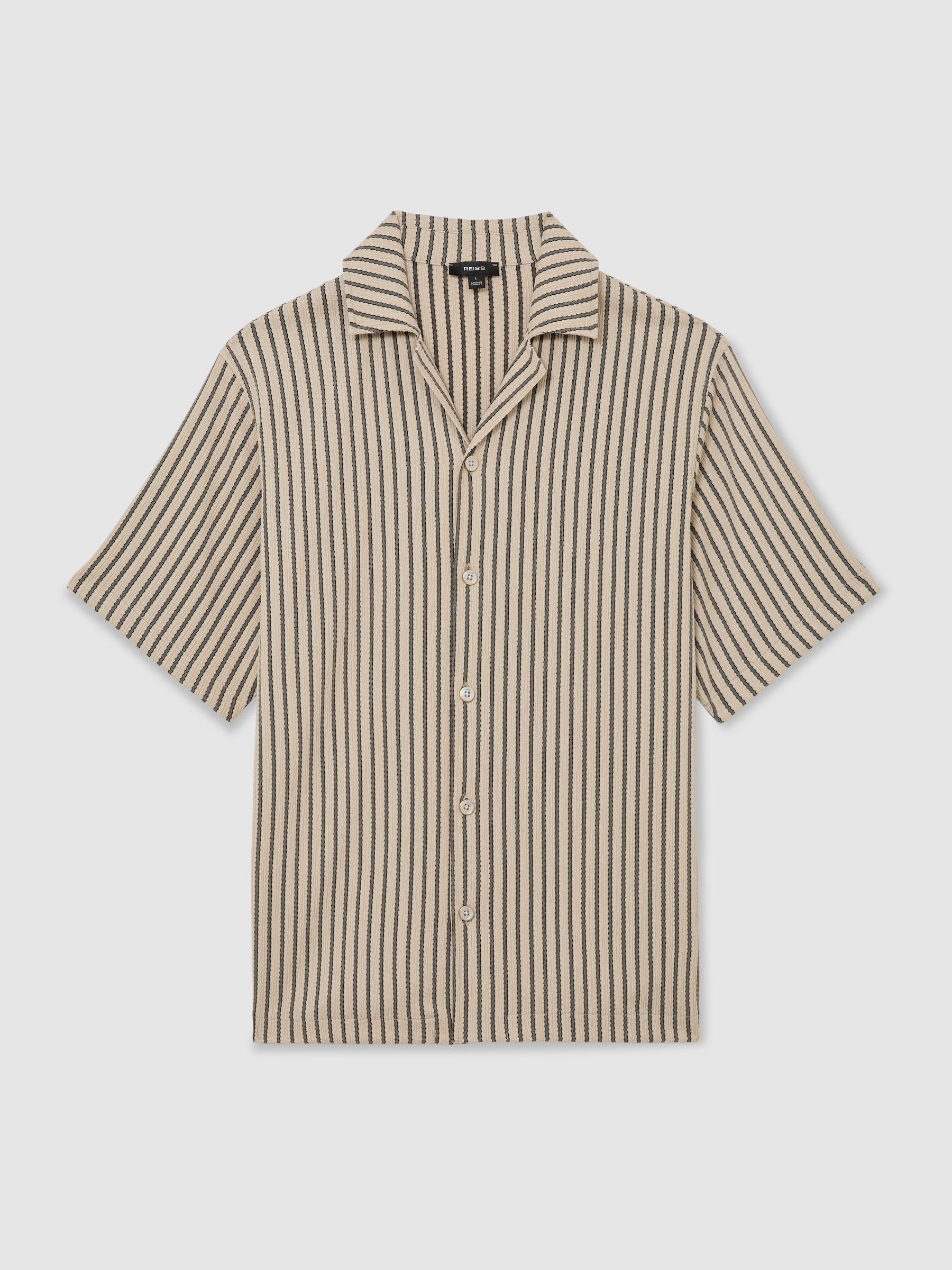 Textured Stripe Cuban-Collar Shirt in Stone/Grey - image 1