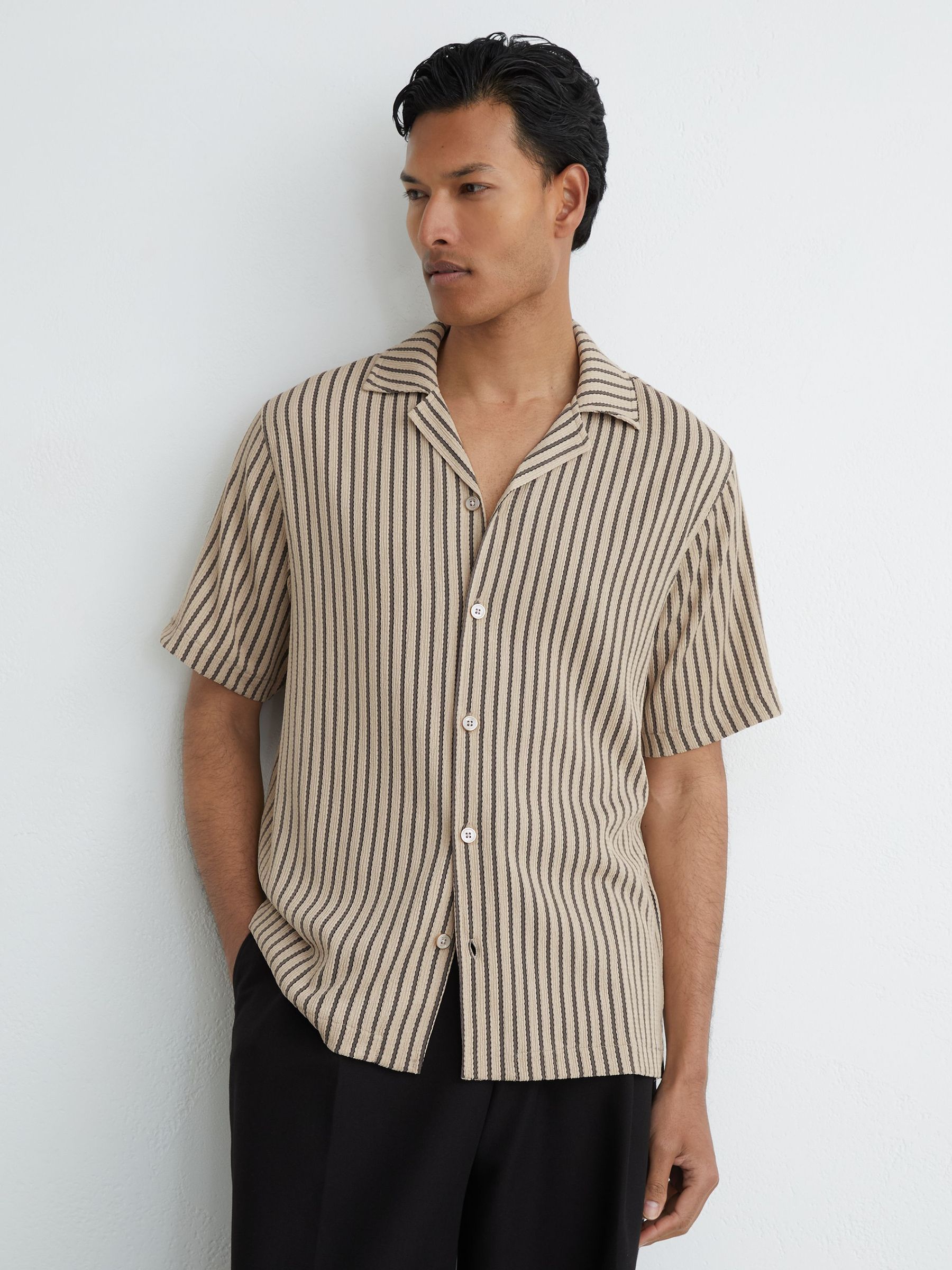 Textured Stripe Cuban-Collar Shirt in Stone/Grey - Image 4 of 8