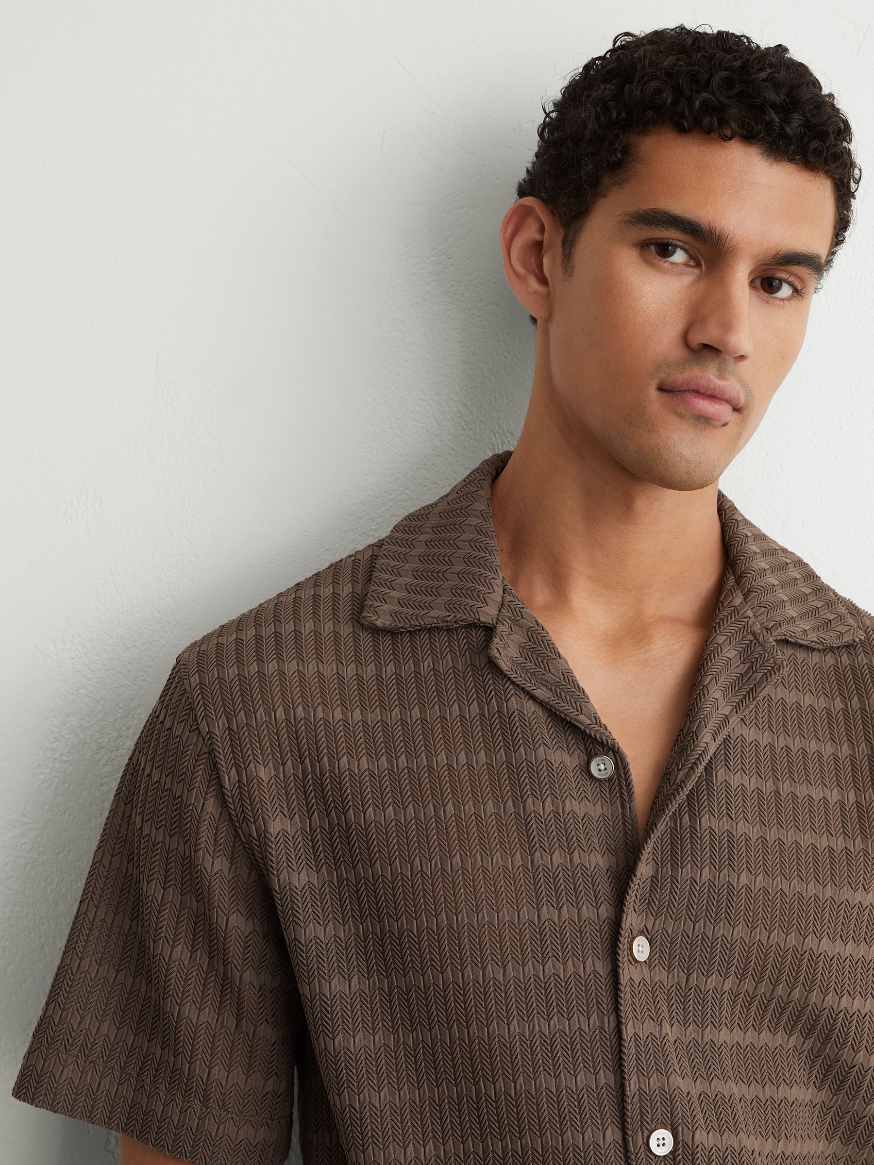 Chevron-Crochet Cuban-Collar Shirt in Taupe Brown - Image 1 of 6