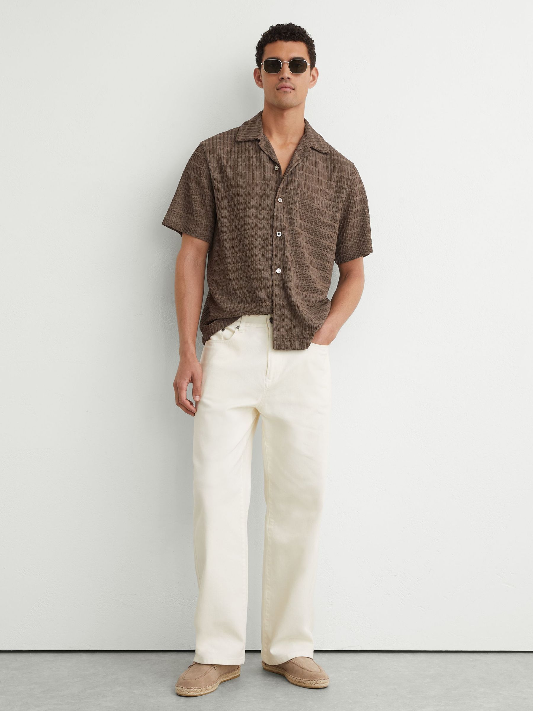 Chevron-Crochet Cuban-Collar Shirt in Taupe Brown - Image 3 of 6