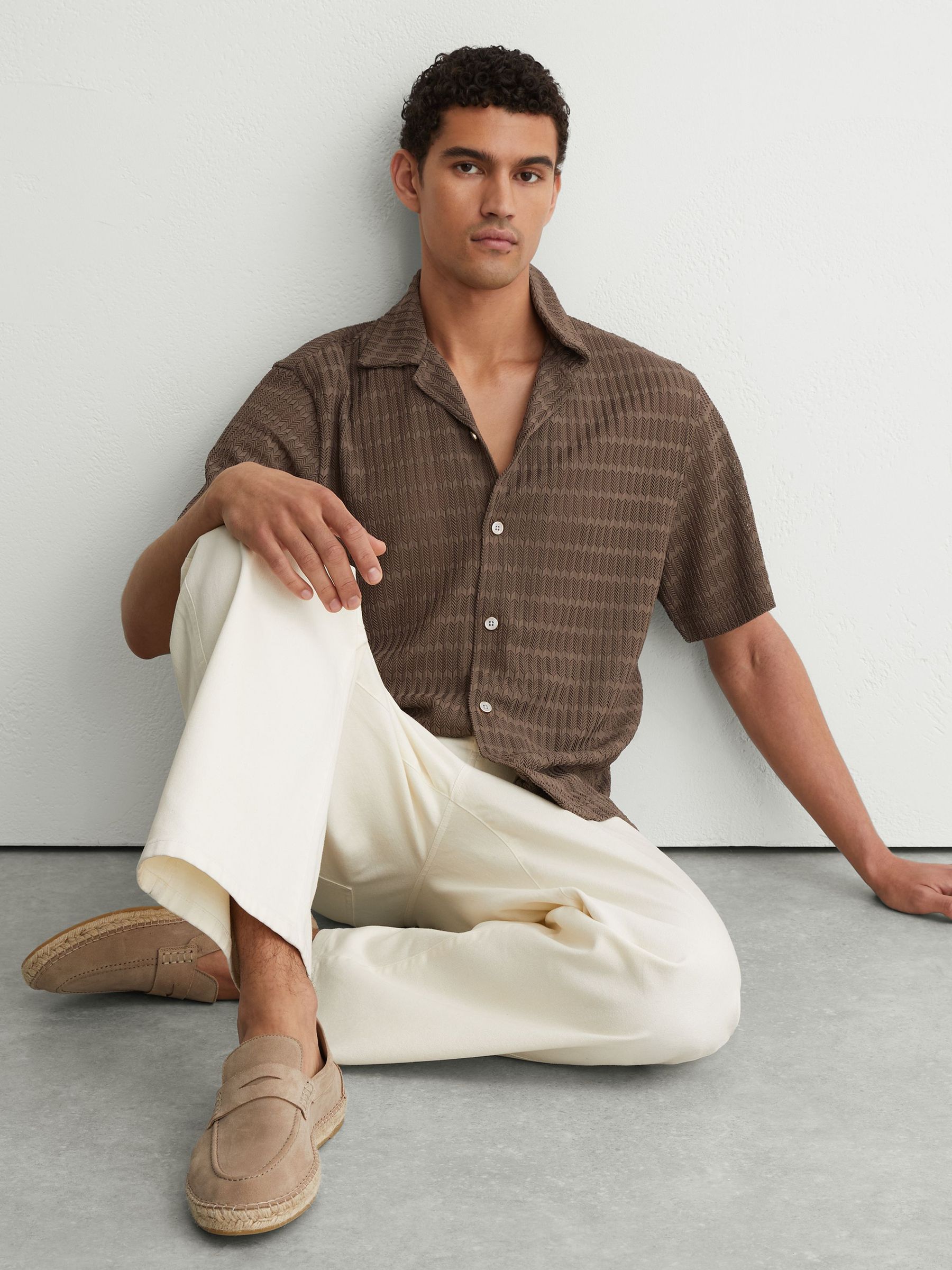 Chevron-Crochet Cuban-Collar Shirt in Taupe Brown - image 4