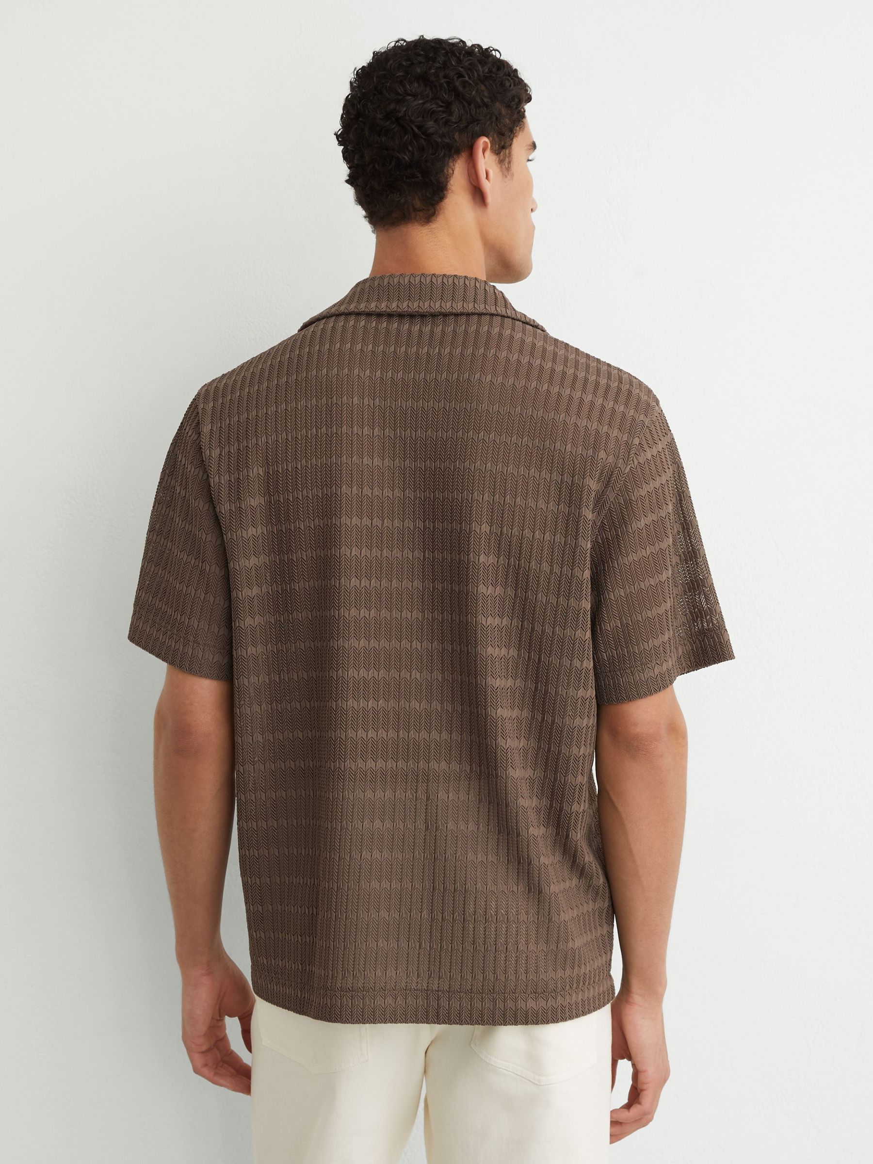 Chevron-Crochet Cuban-Collar Shirt in Taupe Brown - Image 5 of 6