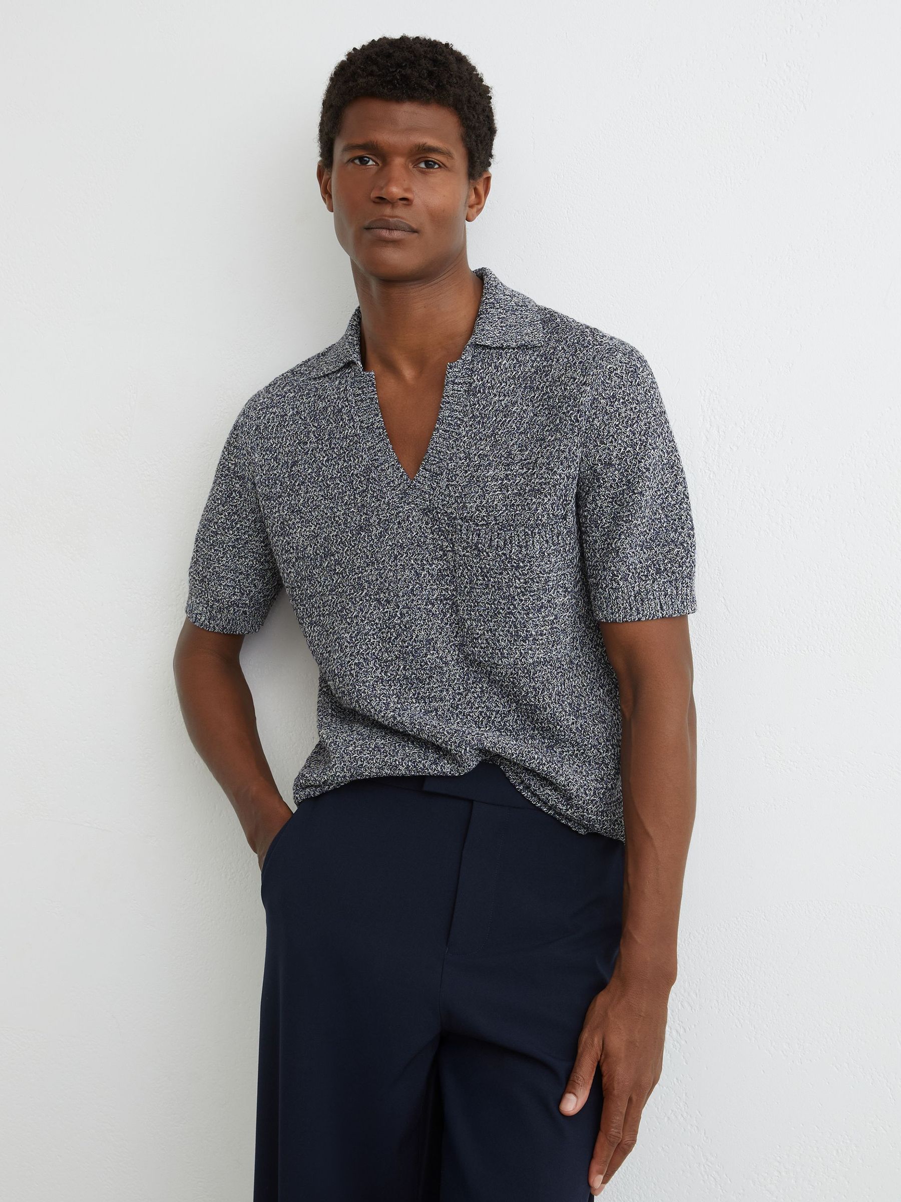 Reiss Speckle-Knit Open-Collar Polo Jumper in Indigo Blue | REISS