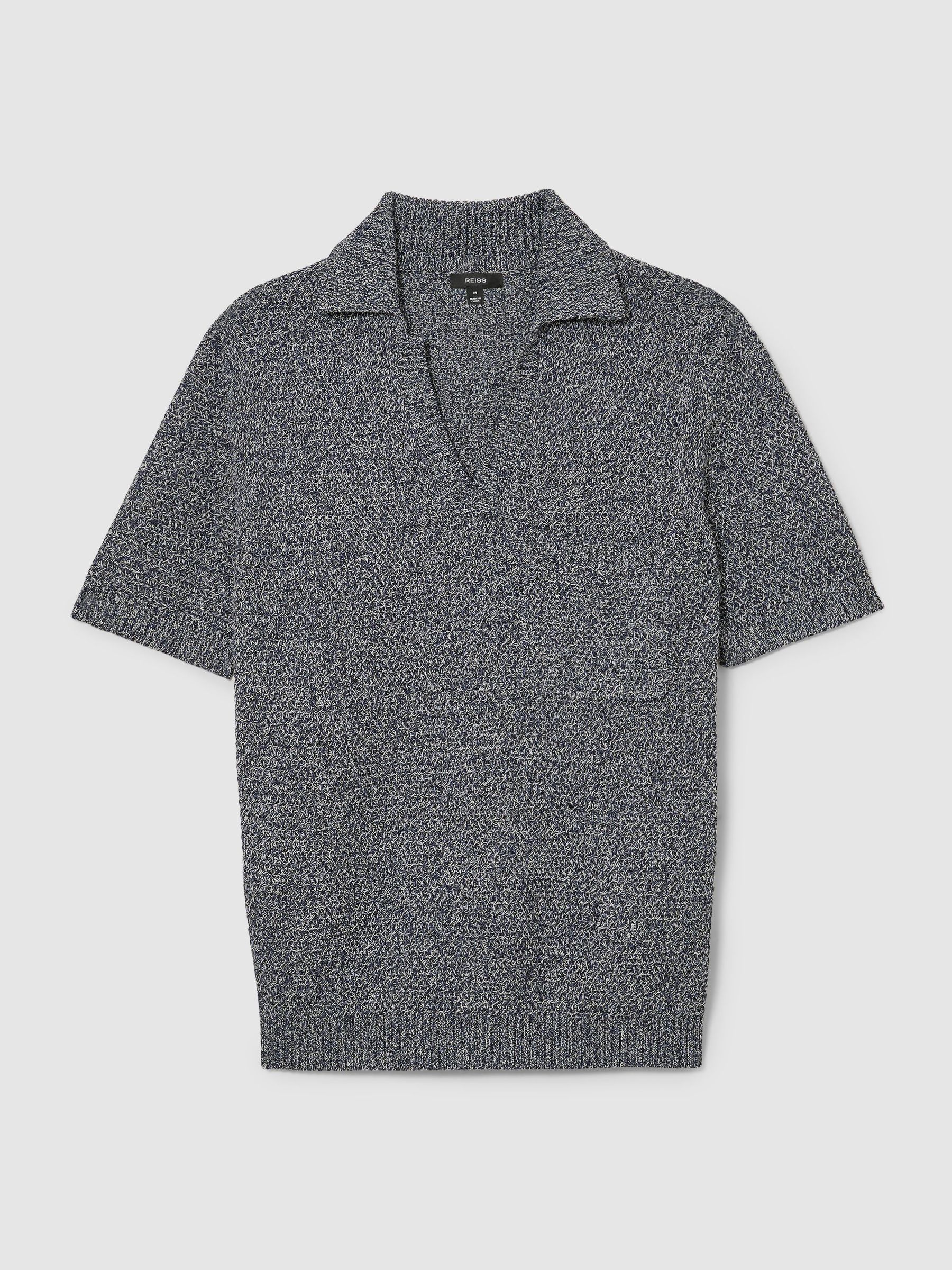 Speckle-Knit Open-Collar Polo Jumper in Indigo Blue - Image 2 of 6