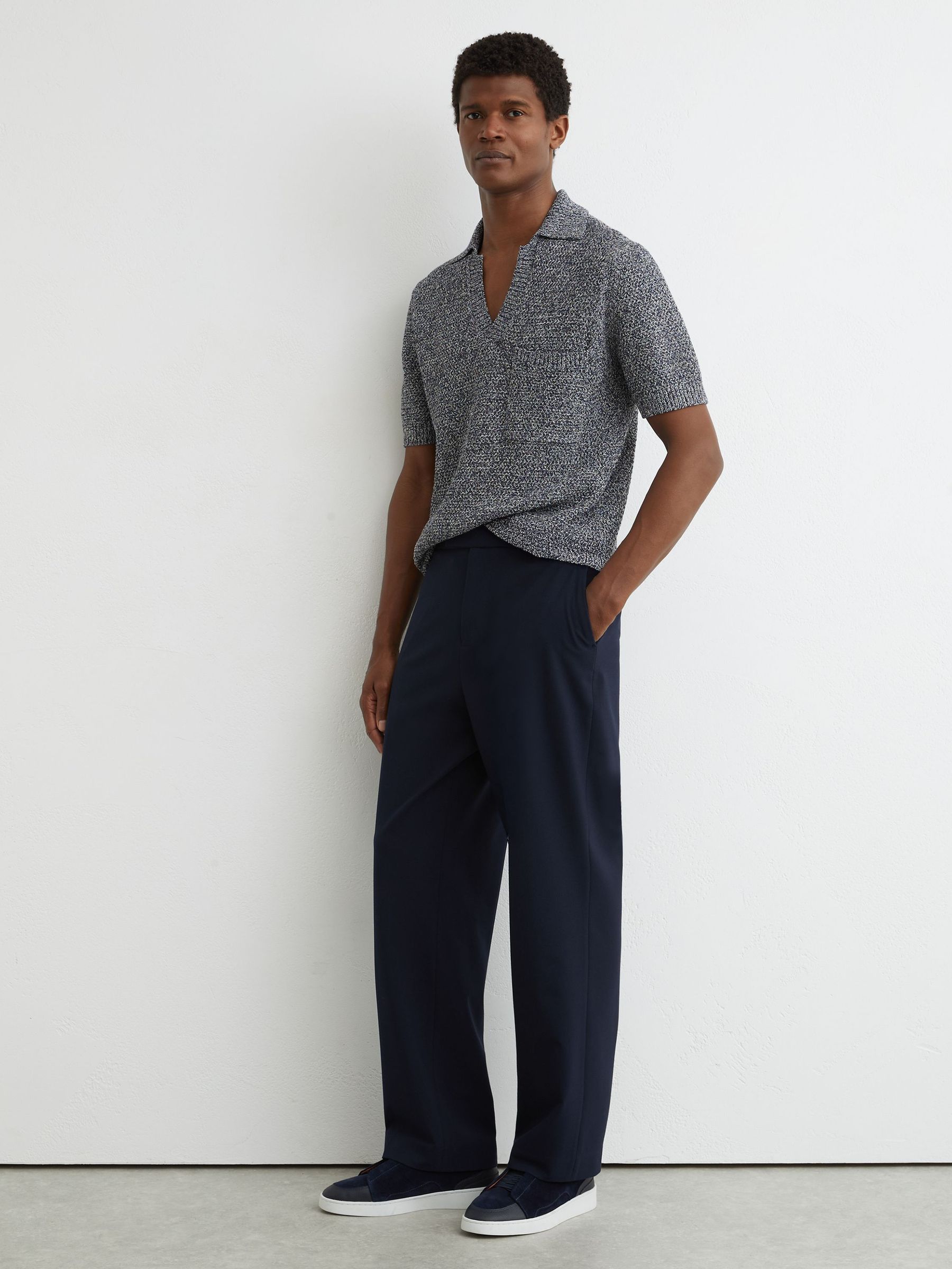 Speckle-Knit Open-Collar Polo Jumper in Indigo Blue - Image 3 of 6
