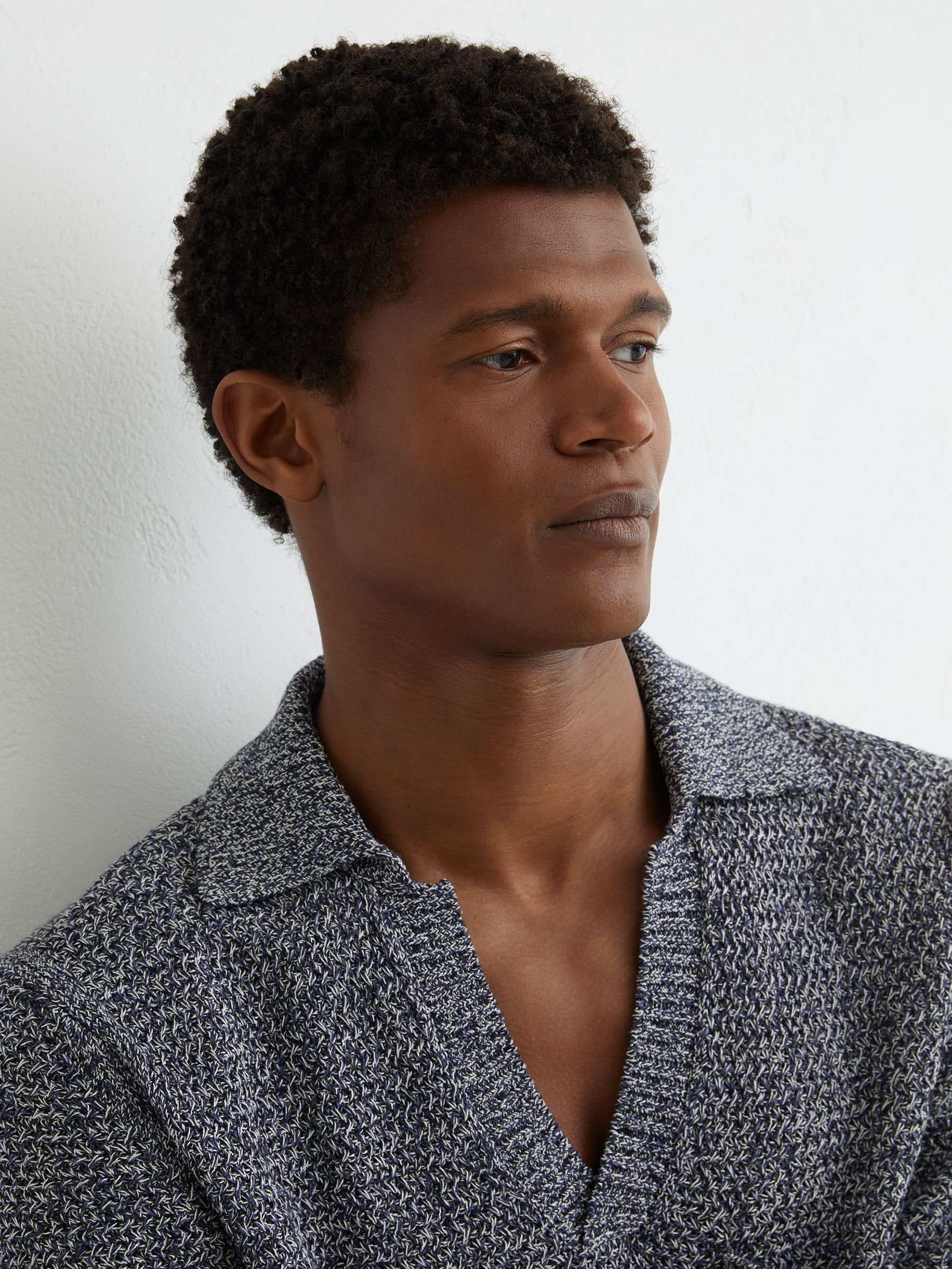 Speckle-Knit Open-Collar Polo Jumper in Indigo Blue - Image 4 of 6