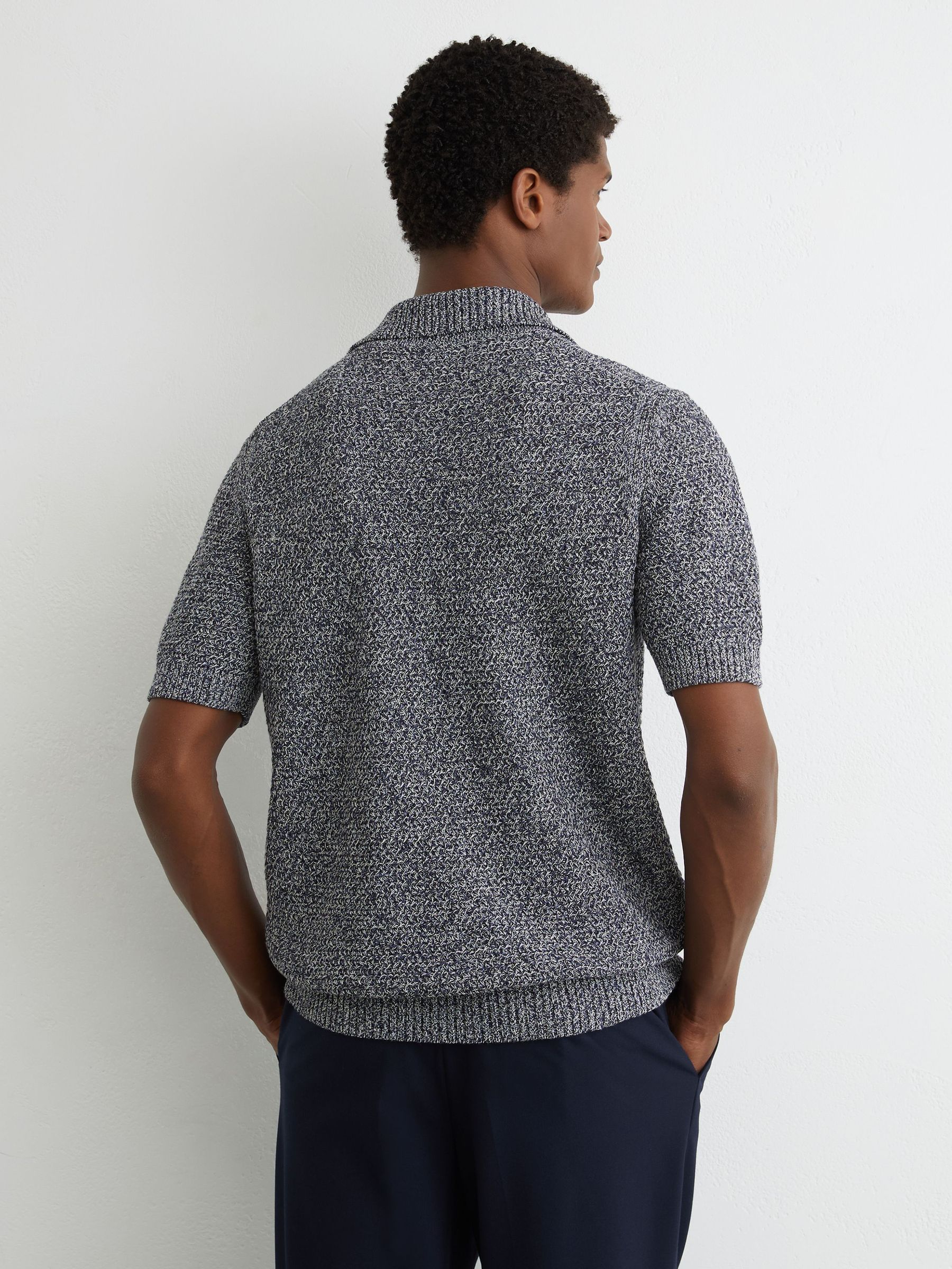 Reiss Speckle-Knit Open-Collar Polo Jumper in Indigo Blue | REISS