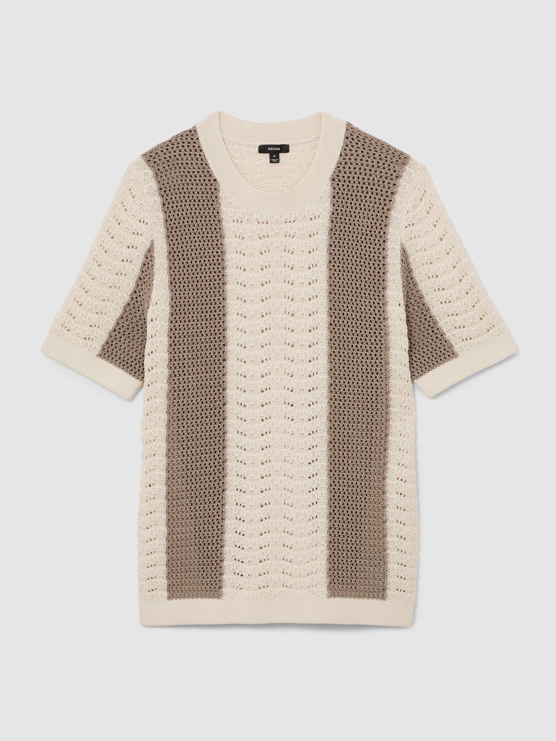 Cotton Crochet-Knit Striped T-Shirt in Camel/Off White - Billede 2 af 6