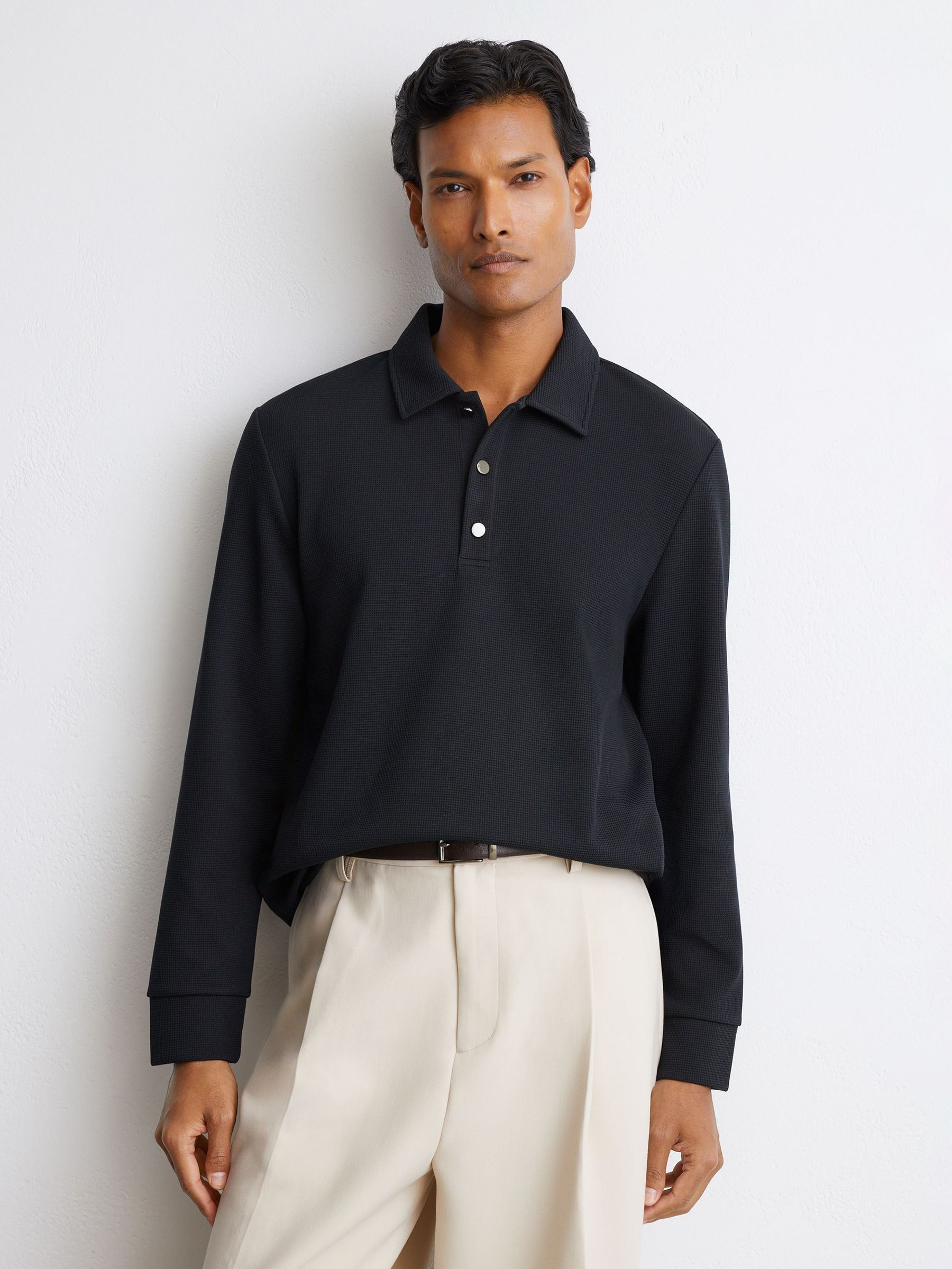 Textured Long-Sleeve Polo Shirt in Navy - Image 1 of 6