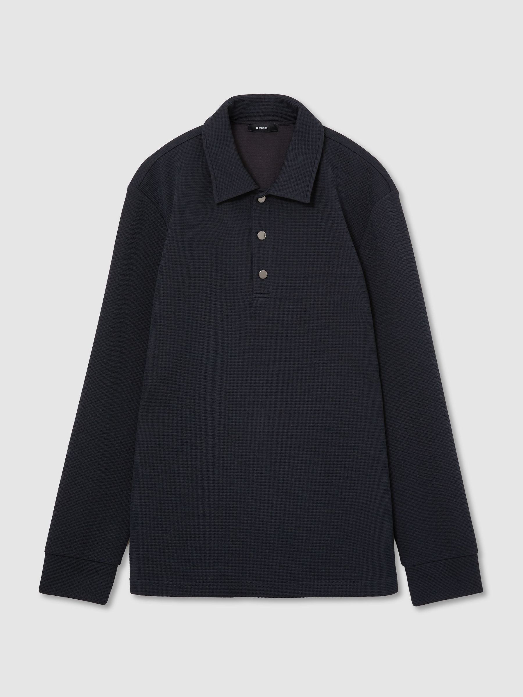 Textured Long-Sleeve Polo Shirt in Navy - Image 2 of 6