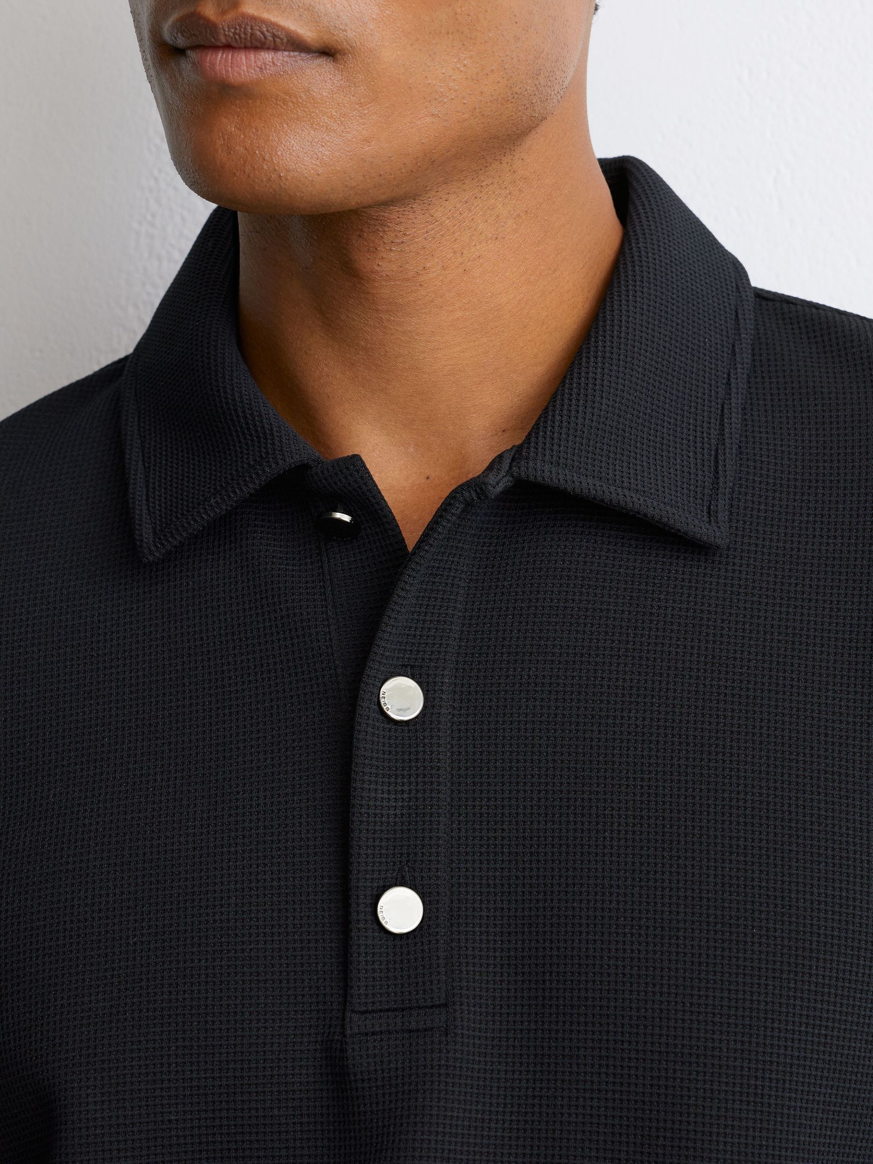 Textured Long-Sleeve Polo Shirt in Navy - Image 3 of 6