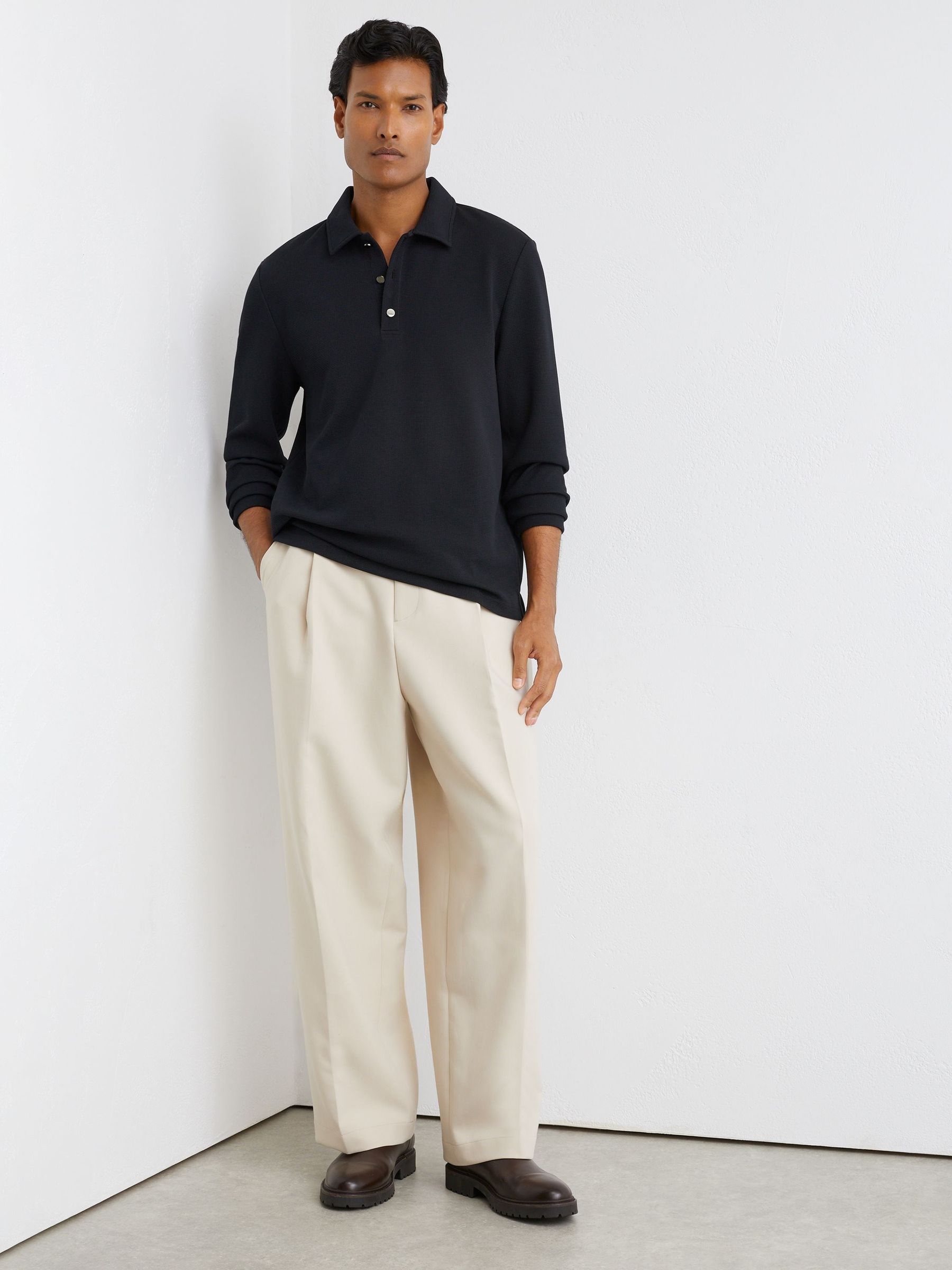 Textured Long-Sleeve Polo Shirt in Navy - Image 4 of 6
