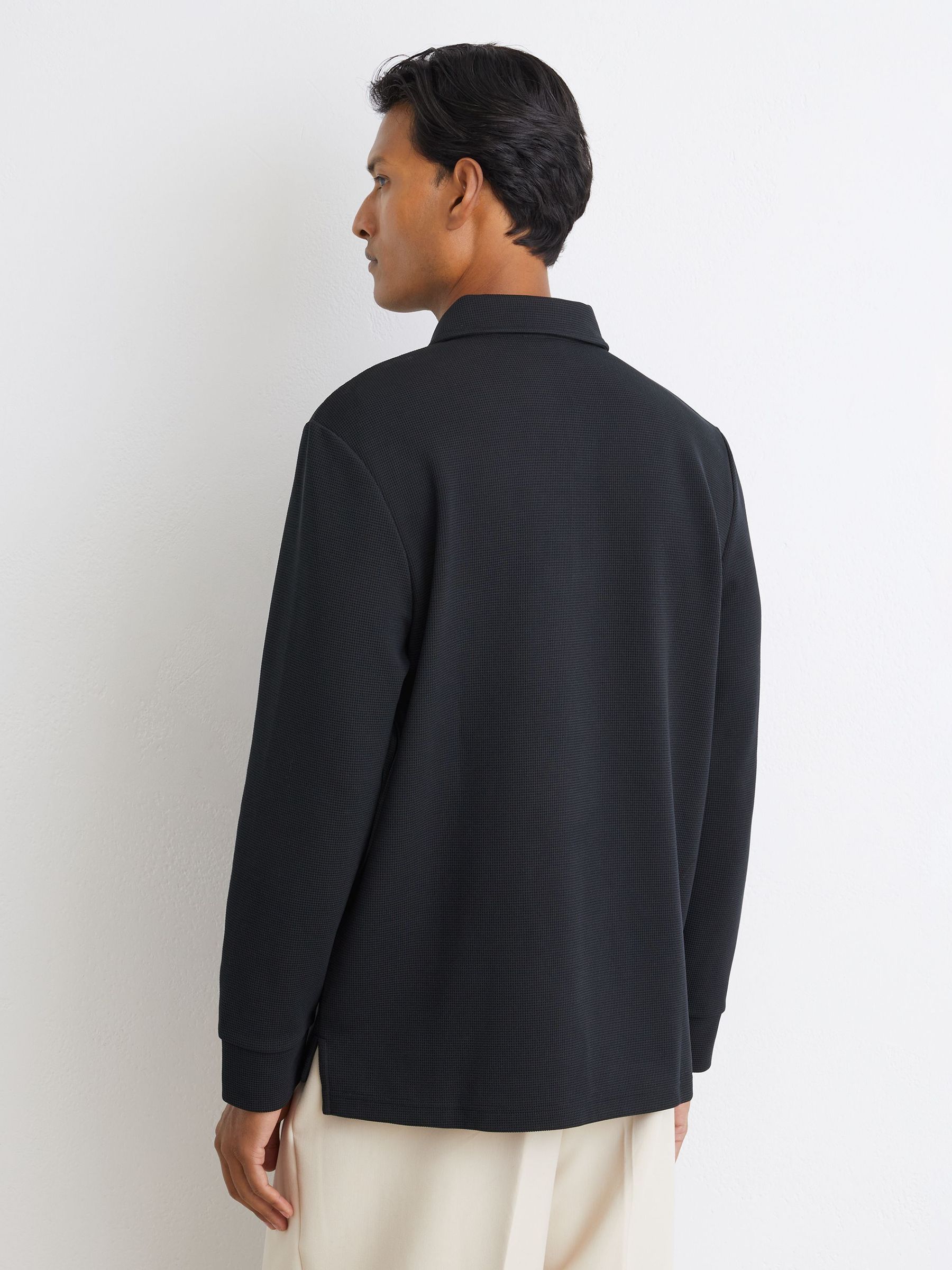 Textured Long-Sleeve Polo Shirt in Navy - Image 5 of 6