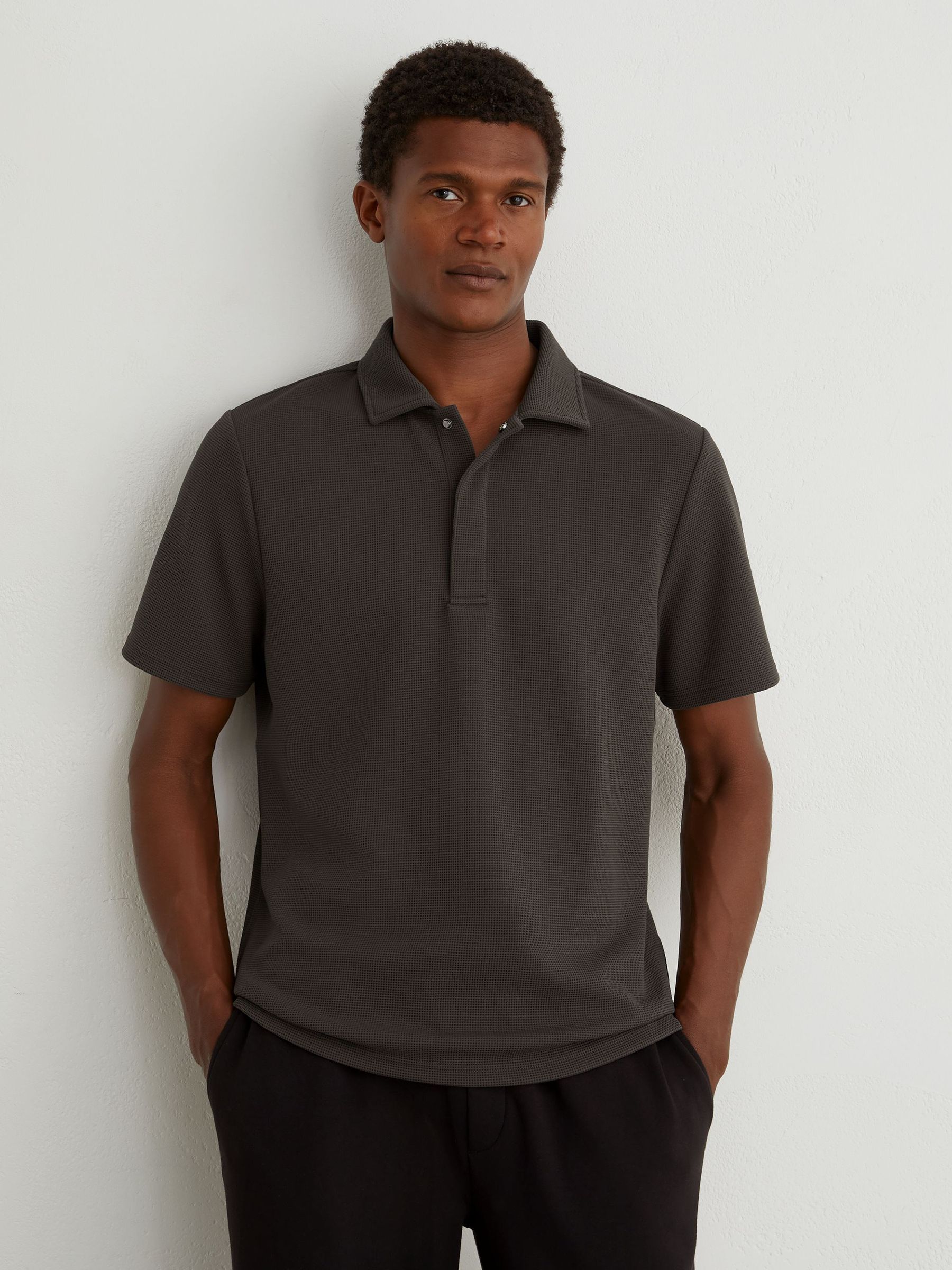 Textured Concealed-Placket Polo Shirt in Brown - Image 4 of 6