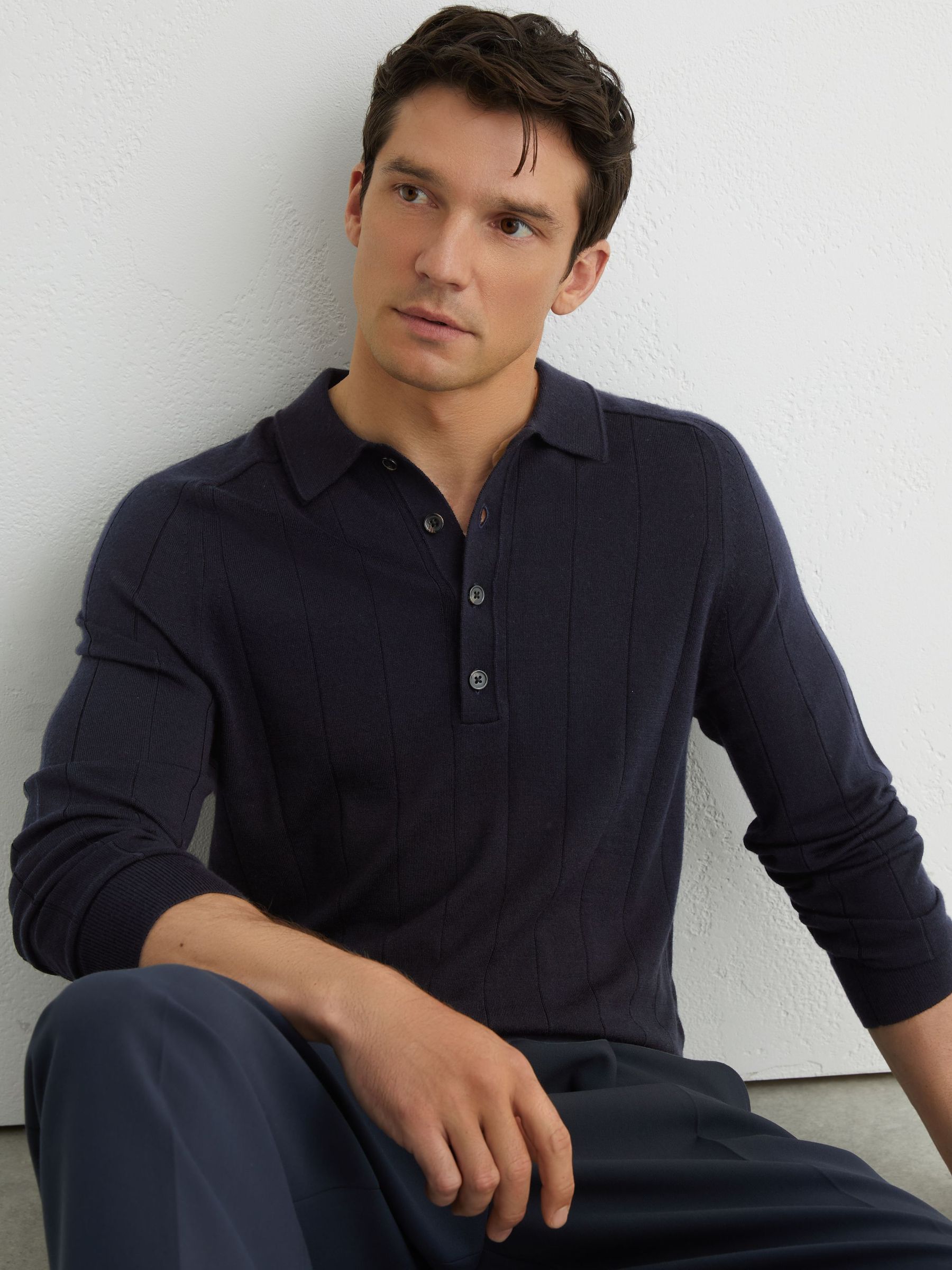 Merino Wool Wide-Rib Polo Jumper in Navy - Image 1 of 7