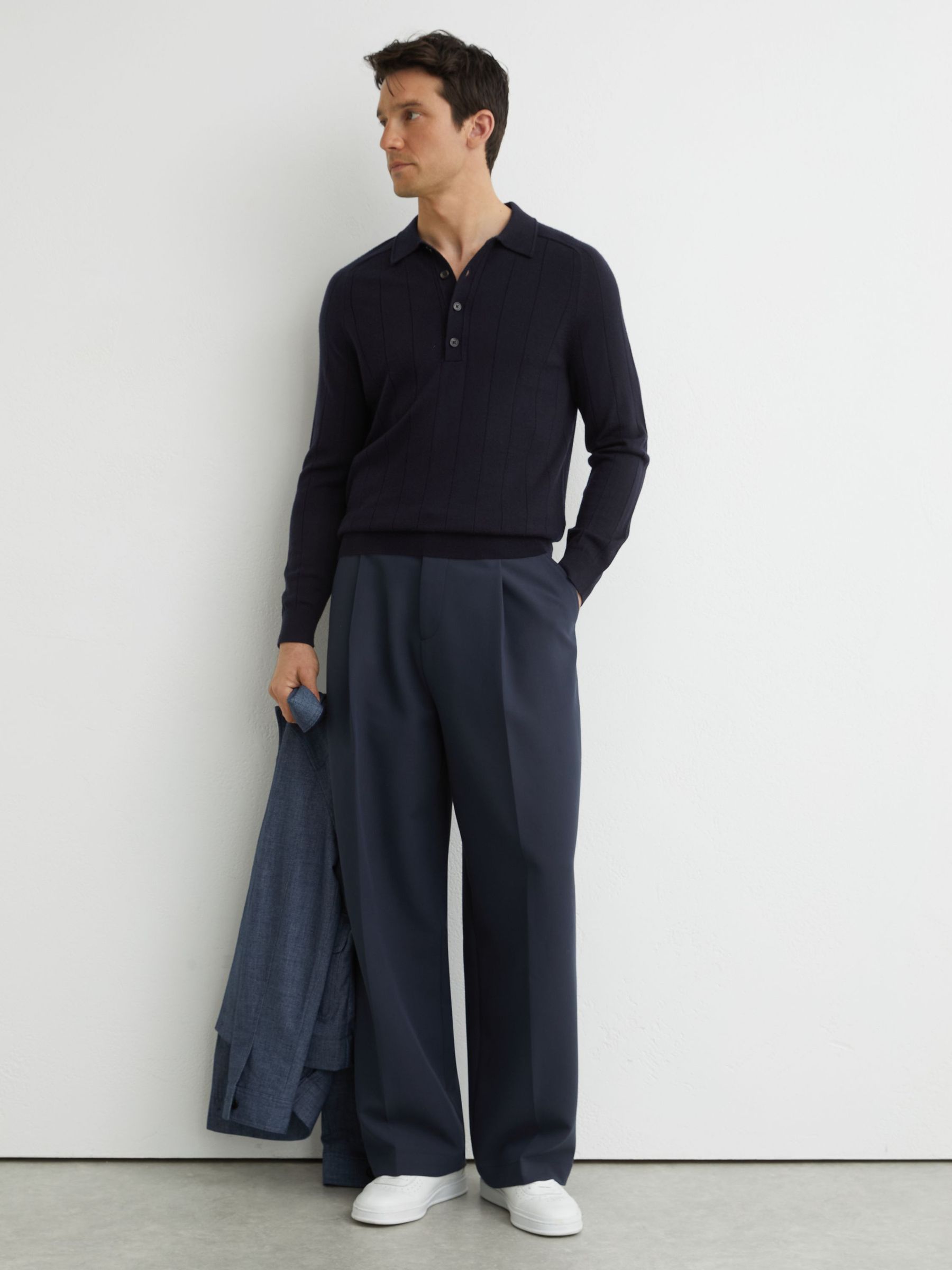 Merino Wool Wide-Rib Polo Jumper in Navy - Image 3 of 7