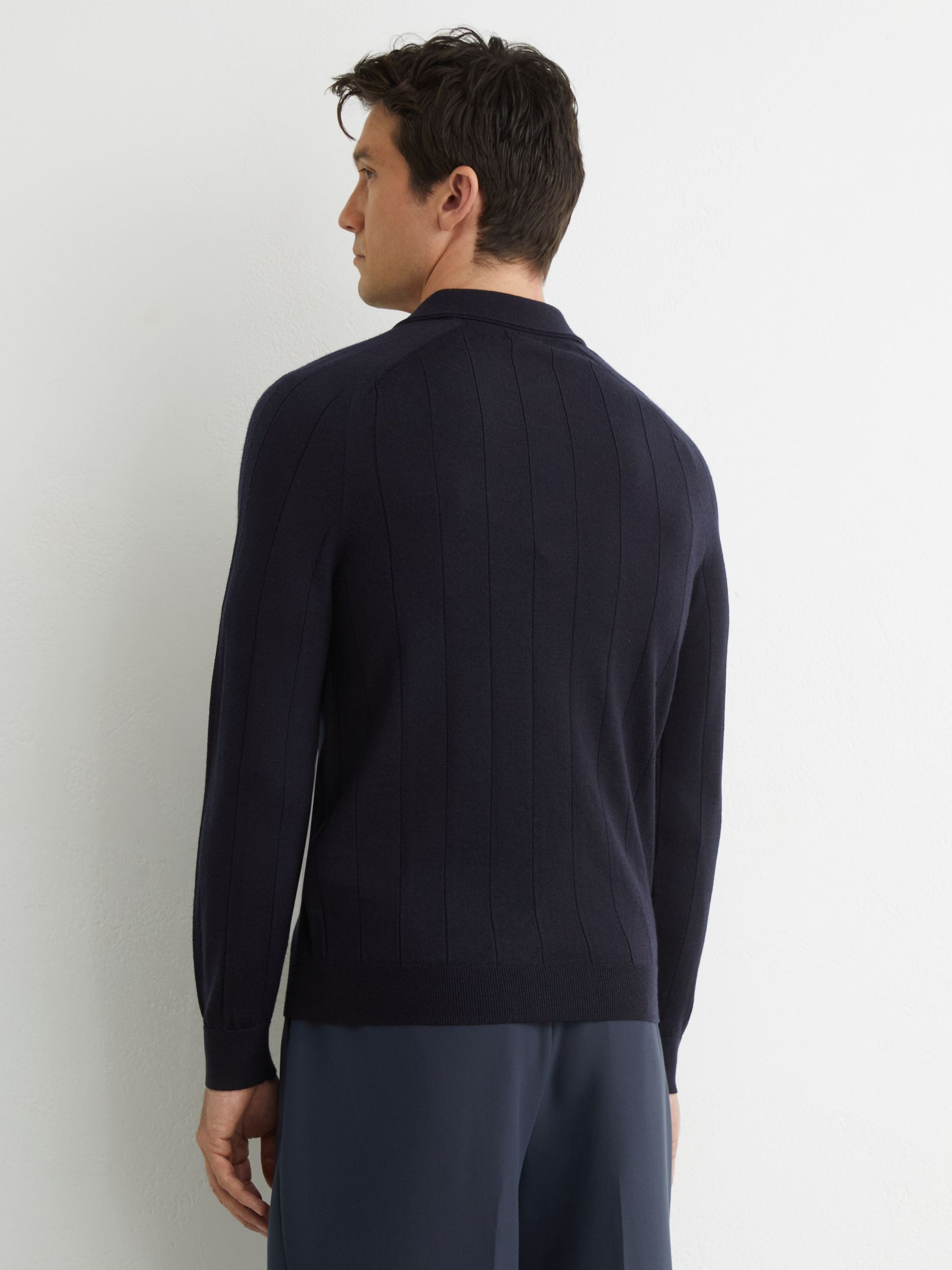 Merino Wool Wide-Rib Polo Jumper in Navy - Image 5 of 7