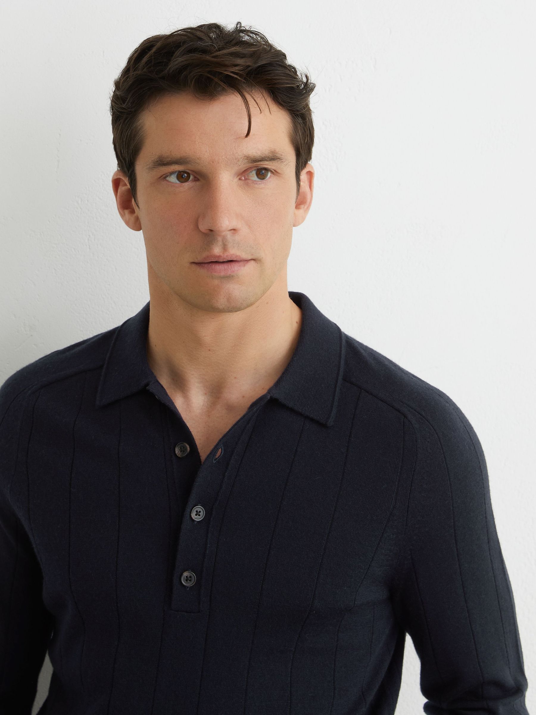 Merino Wool Wide-Rib Polo Jumper in Navy - Image 6 of 7