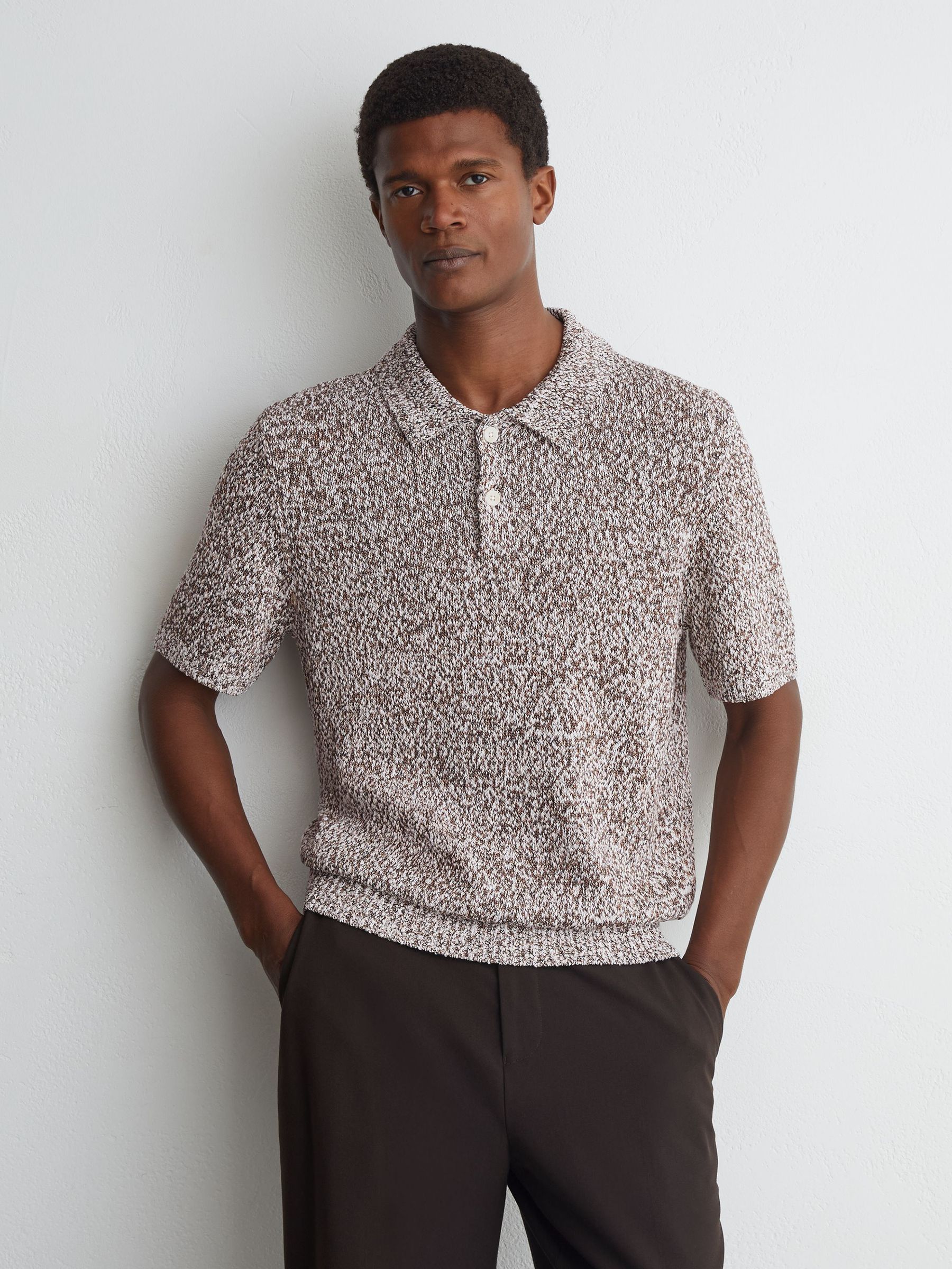 Cotton-Blend Half-Button Marled Polo in White/Camel - Image 1 of 6 Cotton-Blend Half-Button Marled Polo in White/Camel - Image 1 of 6