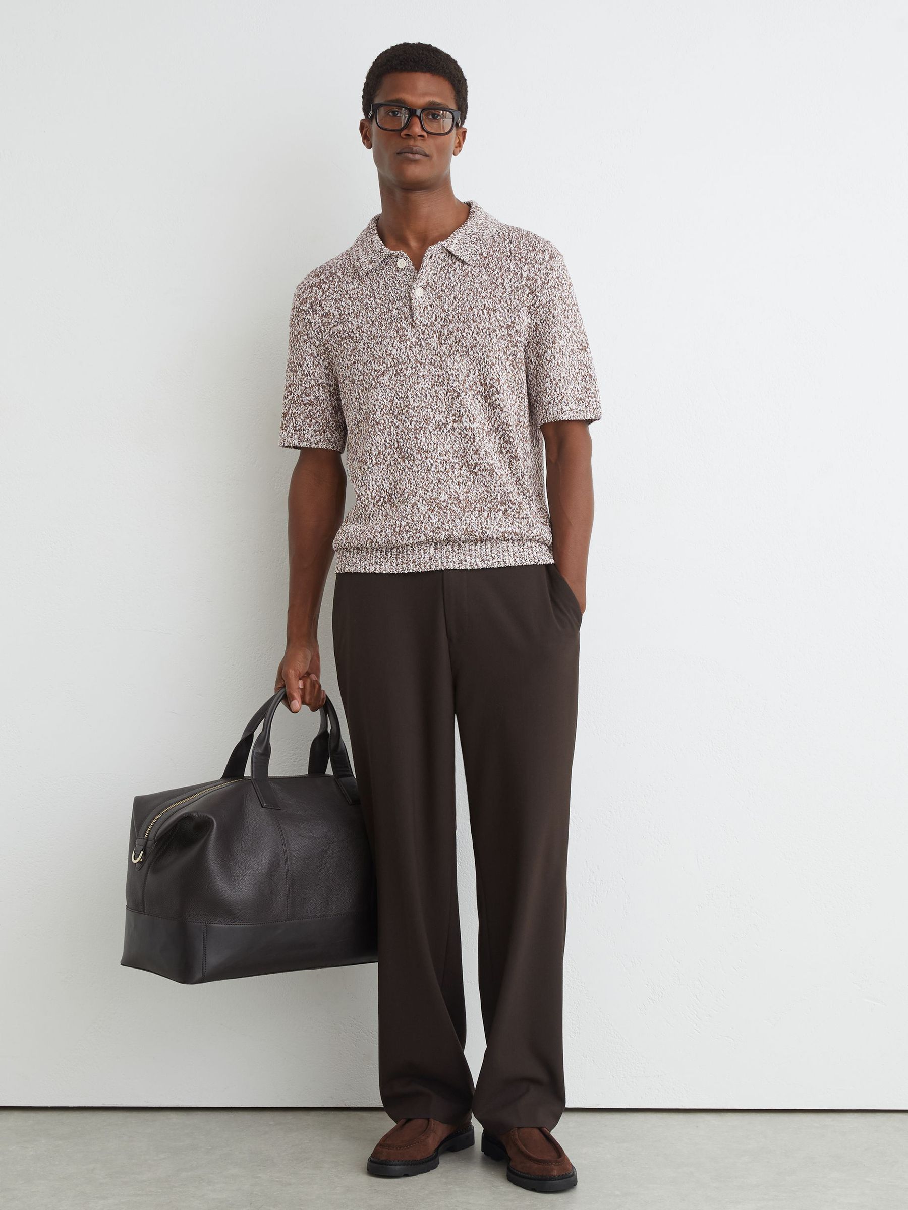 Cotton-Blend Half-Button Marled Polo in White/Camel - Image 3 of 6