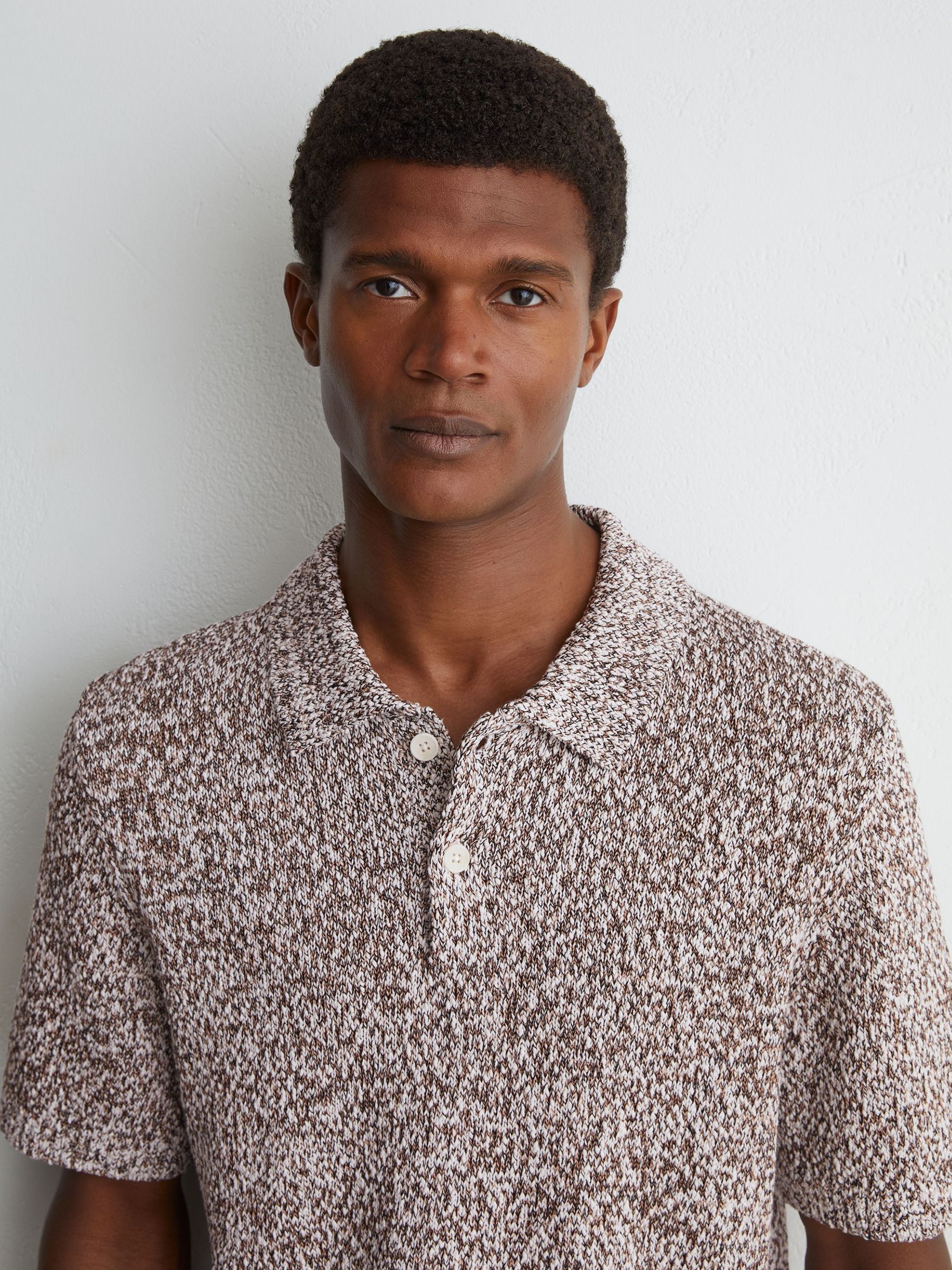 Cotton-Blend Half-Button Marled Polo in White/Camel - Image 4 of 6