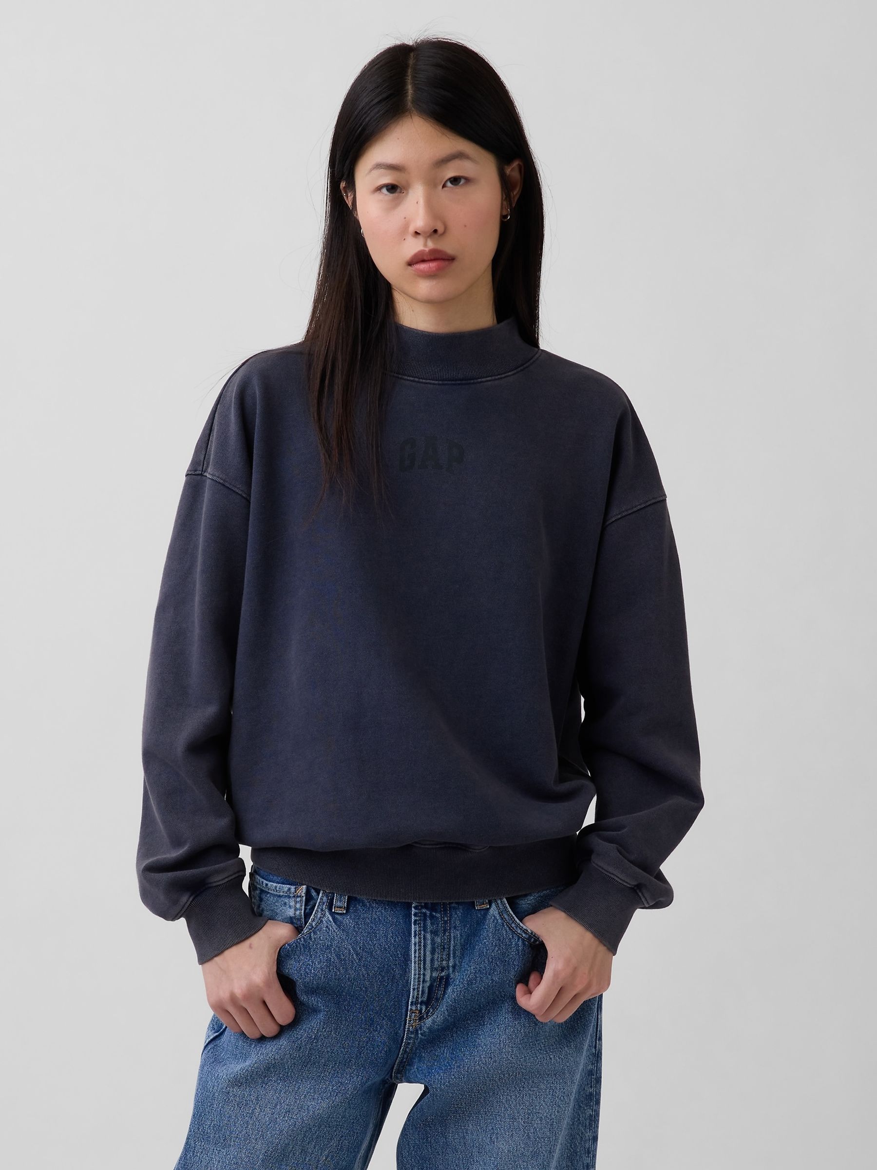 Black Heavyweight French Terry Oversized Mock Neck Sweatshirt - Image 1 of 4
